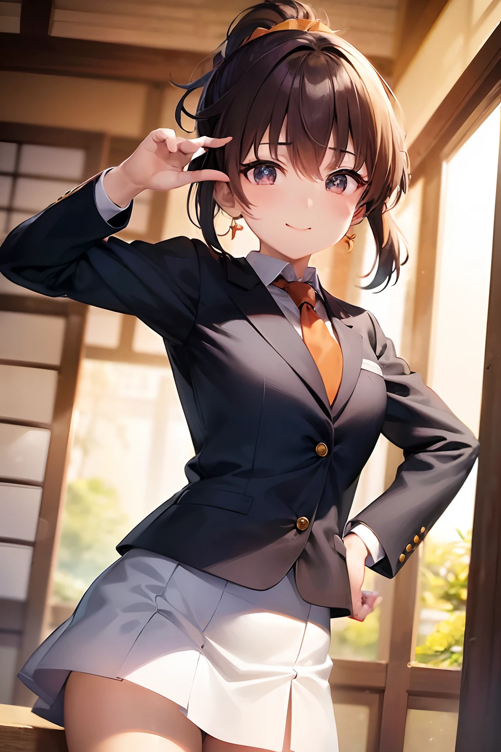 ((In Kyoto Animation Style)), super precision, ​masterpiece, very extremely beautiful, Princess Face, Boyish girl, shorth hair, Straight hair, Dark hair, Short ponytail, Black eyes,doress, orange necktie,  cowboy  shot, dynamicposes, Inside the city, With smiling eyes, leaning,