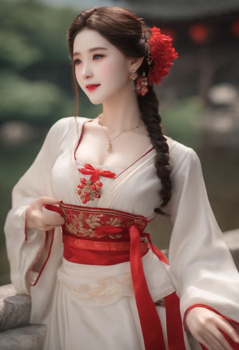 (Masterpiece) (Best quality) (Ultra-detailed), (full bodyesbian:1.2), 1girll, tchibi, Cute, Smile, (Beautiful detailed face), (Beautiful detailed eyes), White skirt, red decoration, Chinese summer wear, pale porcelain skin, Art in the Guwitz style, Soft Portrait Shots 8K, The skin is like alabaster, full bodyesbian, standing