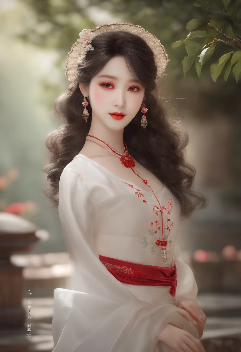(Masterpiece) (Best quality) (Ultra-detailed), (full bodyesbian:1.2), 1girll, tchibi, Cute, Smile, (Beautiful detailed face), (Beautiful detailed eyes), White skirt, red decoration, Chinese summer wear, pale porcelain skin, Art in the Guwitz style, Soft Portrait Shots 8K, The skin is like alabaster, full bodyesbian, standing