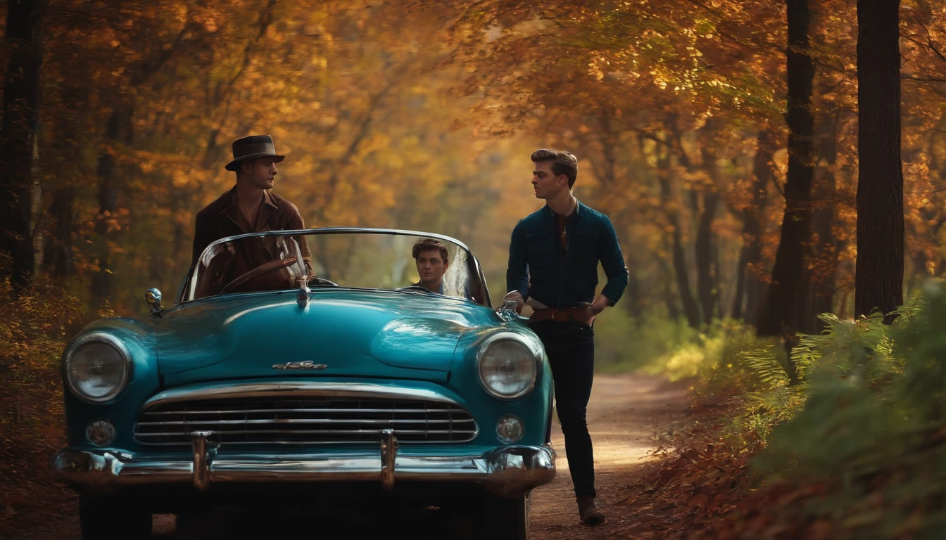 Two young men driving in the woods.