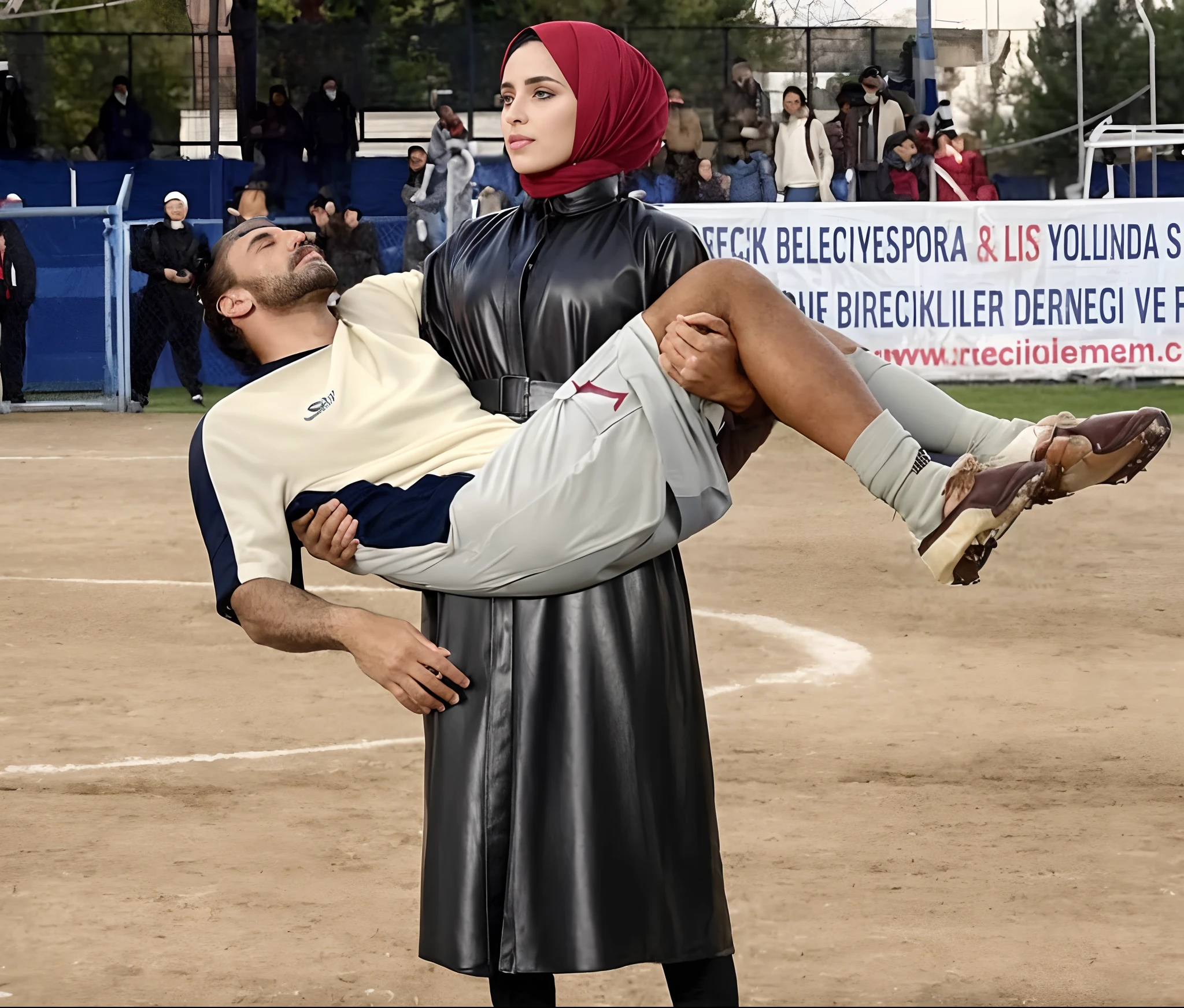 there is a saudi woman in a black caftan, a saudi woman in a shiny abaya, a saudi woman in a shiny plastic-caftan, a veiled saudi woman in a shiny black caftan, a hijabi saudi woman in a high shine black plastic-abaya,, passed out bearded man, a fainted bearded man, a consciousless bearded man, a woman and a bearded man, sdaudi woman carries the wounded man's body in her hands, Andrea grabs his legs and his body with her hands, the bearded man in the woman's arms is visibly in pain, stadium atmosphere, the bearded man is lying consciousless in Andrea's arms with one arm hanging down, A scene at a soccer stadium, a bearded man lying in a caring women's arms, lying helpless in her arms with his head dangling down, he has one arm dangling down while being carried in the women's arms, There is an attractive and heavily made-up woman in a long black leather coat, A pretty woman in a shiny black leather coat on a soccer field, A wonderful woman is holding a passed out man, A man in matt and roughened sportswear is held diagonal in her arms, a man in a woman's arms and lets one arm dangling down, we see the man held in front of the woman's body, the man is cradled in the woman's arm while being carried, the beautiful woman is exceptionally heavily made up and has an extremely desperate and very angry expression on her face, high-resolution photo, realistic sports photo, soccer scene, woman in black shiny long leather coat, injury scene, real photo, ultra realistic, high definition, sports photography