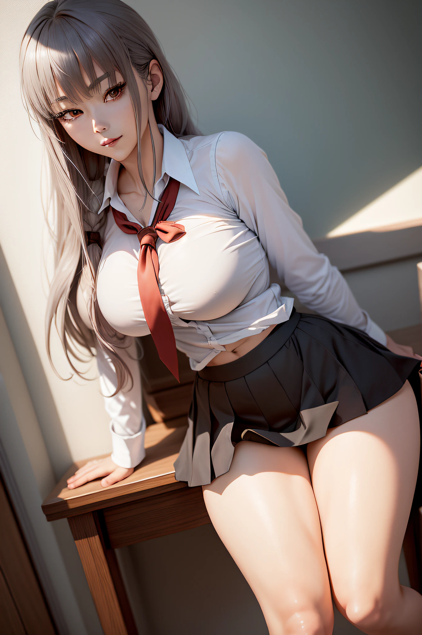 Masterpiece, Best quality, Realistic, Ultra - detailed, High resolution, Sharp focus, Depth of fields, Dynamic light and shadow, Anime character, (Ikki Tousen) Shiryuu Chou-un, 1girl, Sexy, Seductive, Pretty, Gorgeous, White school shirt with red ribbon, Brown vest, Black mini-skirt, Long black socks, School brown shoes, With long grey hair, Close eyes, Nice eyelashes, Realistic face, Pretty face, Big breast, Thick legs, Perfect body, School, Absurdres, High res, Ultrasharp, 8K, Sunny day