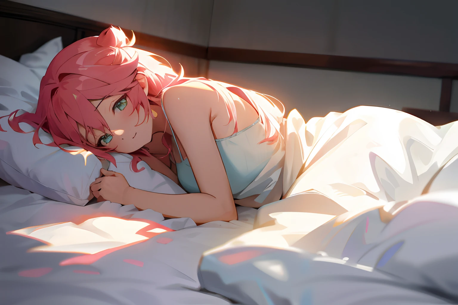 Hatsune Miku lying in bed,A pink-haired,Sunlight came in through the window,Cover one eye with your hand