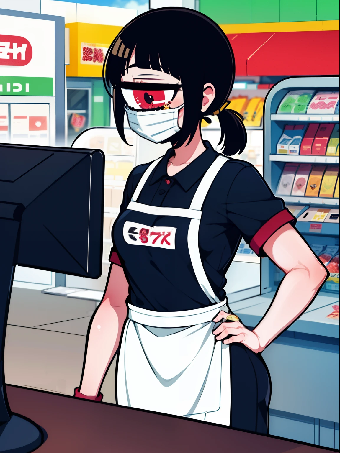 1girl,ponytail,tangan,cyclops, convenience store,cashier, konbini,counter, cash register,7-eleven, Employee badge,apron