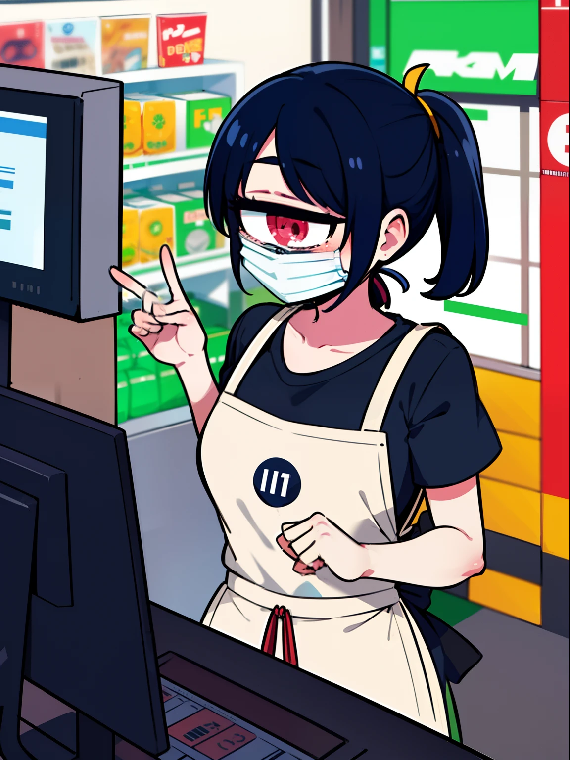 1girl,ponytail,tangan,cyclops, convenience store,cashier, konbini,counter, cash register,7-eleven, Employee badge,apron