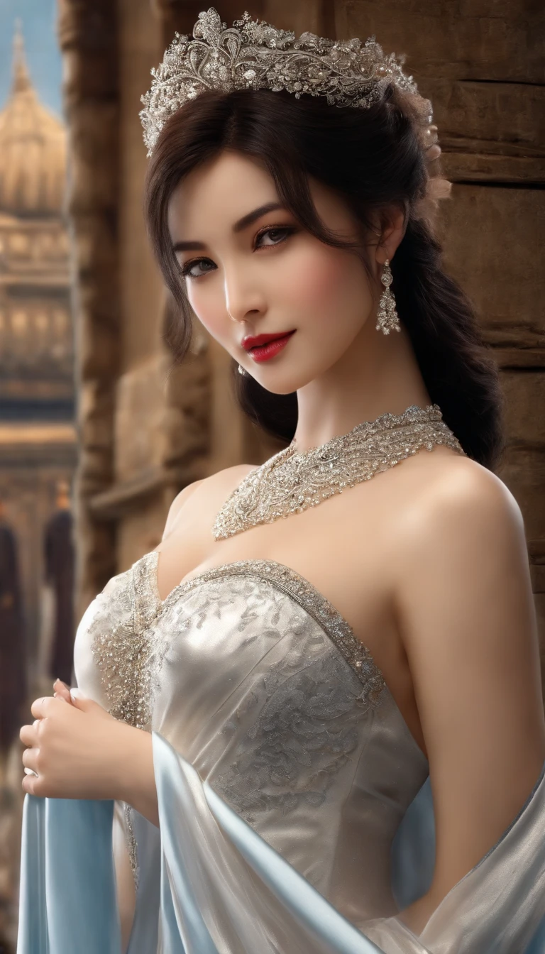 Masterpiece, Best quality, (Photorealistic:1.4), full bodyesbian, (dress:1.1)（evening formal robes：1.1）（Wisps 1.1）（Embroidered seedling edge Q1.1） view over city, Cinematic light, Beautiful woman, ((From any direction)), sport, Large breasts, Black hair,Chinese face， rim, Detailed face,