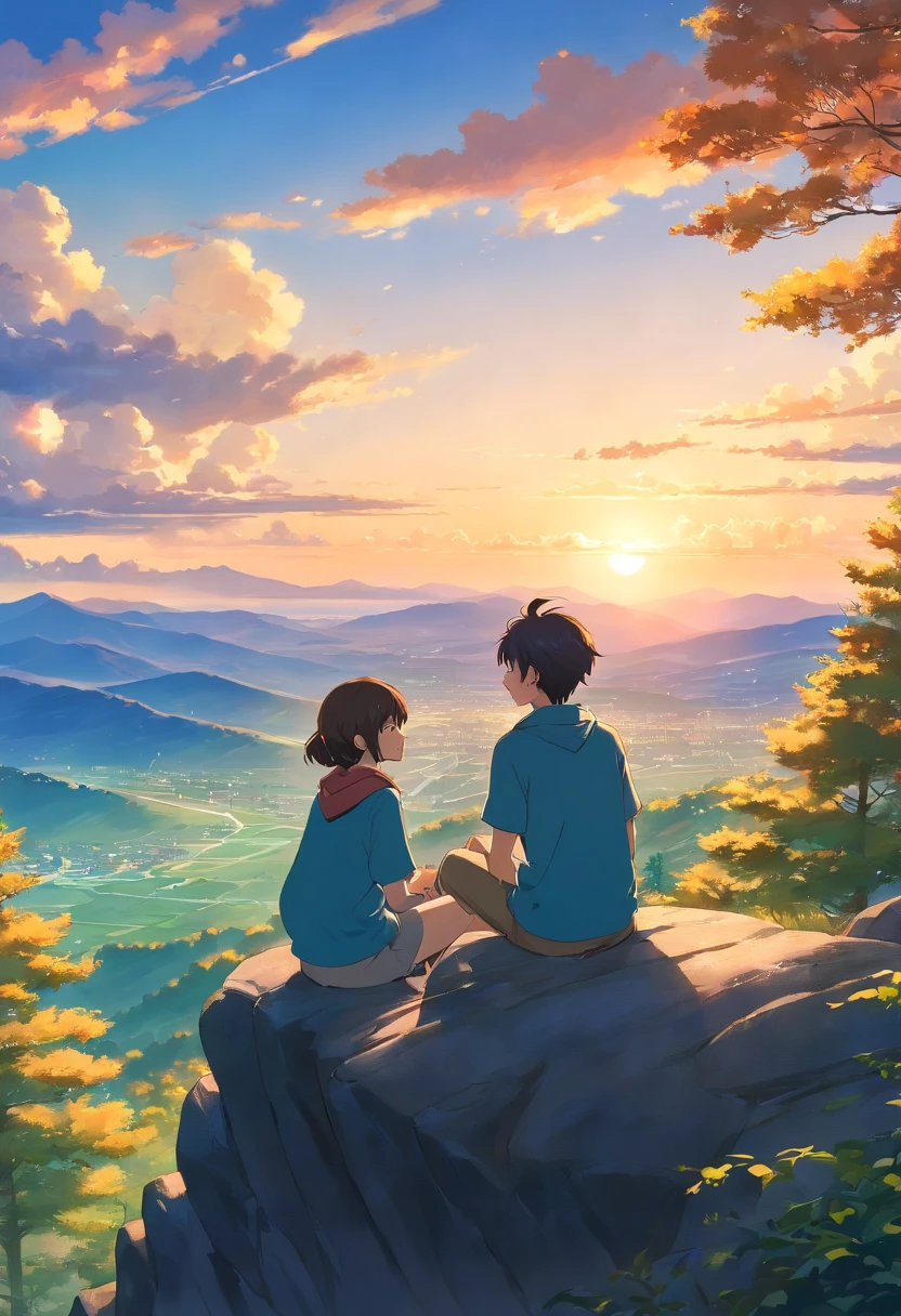 Two friends sitting on a mountain talking, in the background you can see the town, trees next to them, sunset, well detailed illustration, full HDR
