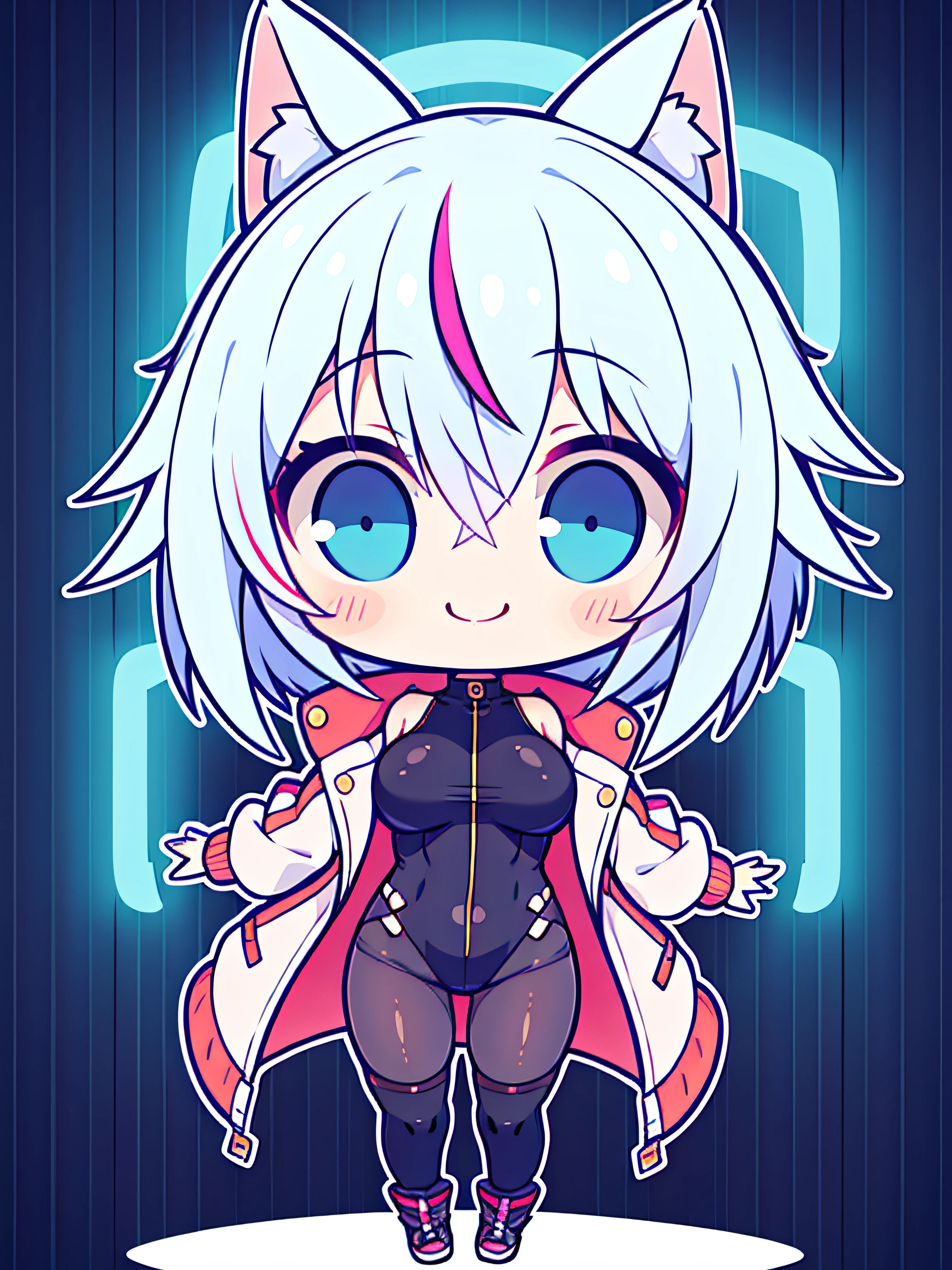 the anime character is fully dressed in very warm and sexy outfit, oversized jacket, 1girl, solo, multicolored pastel hair, blue eyes, virtual youtuber, cat ears, streaked hair, white hair, breasts, smile, short hair, expressive, black bodysuit, neon, cyberpunk, perfect face, high res, ultrasharp, 8K, masterpiece, looking at viewer, chibi, kawaii, full body