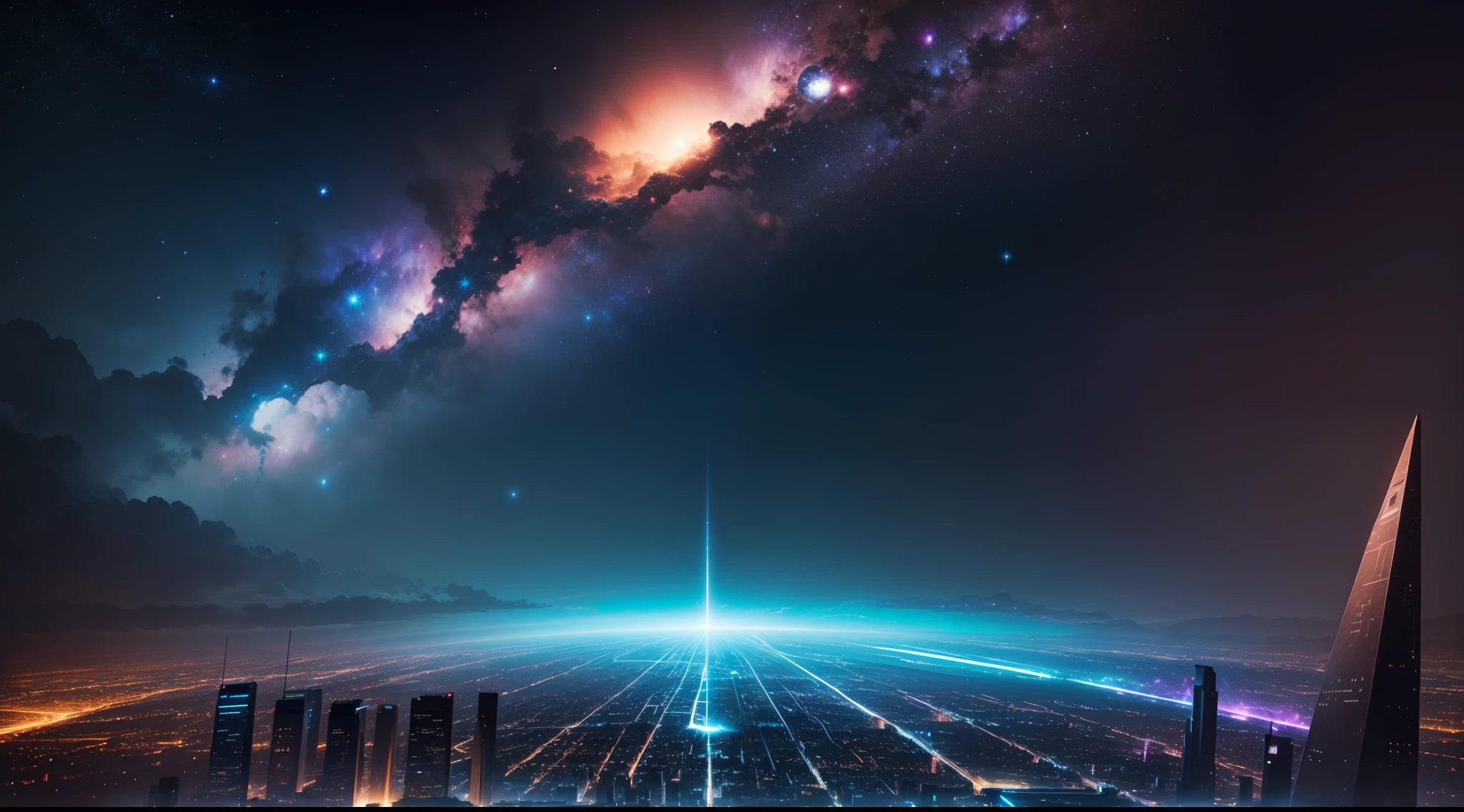 masterpiece, beautiful night sky, galaxy,neon, ruin city, ancient, many bright star, planets,