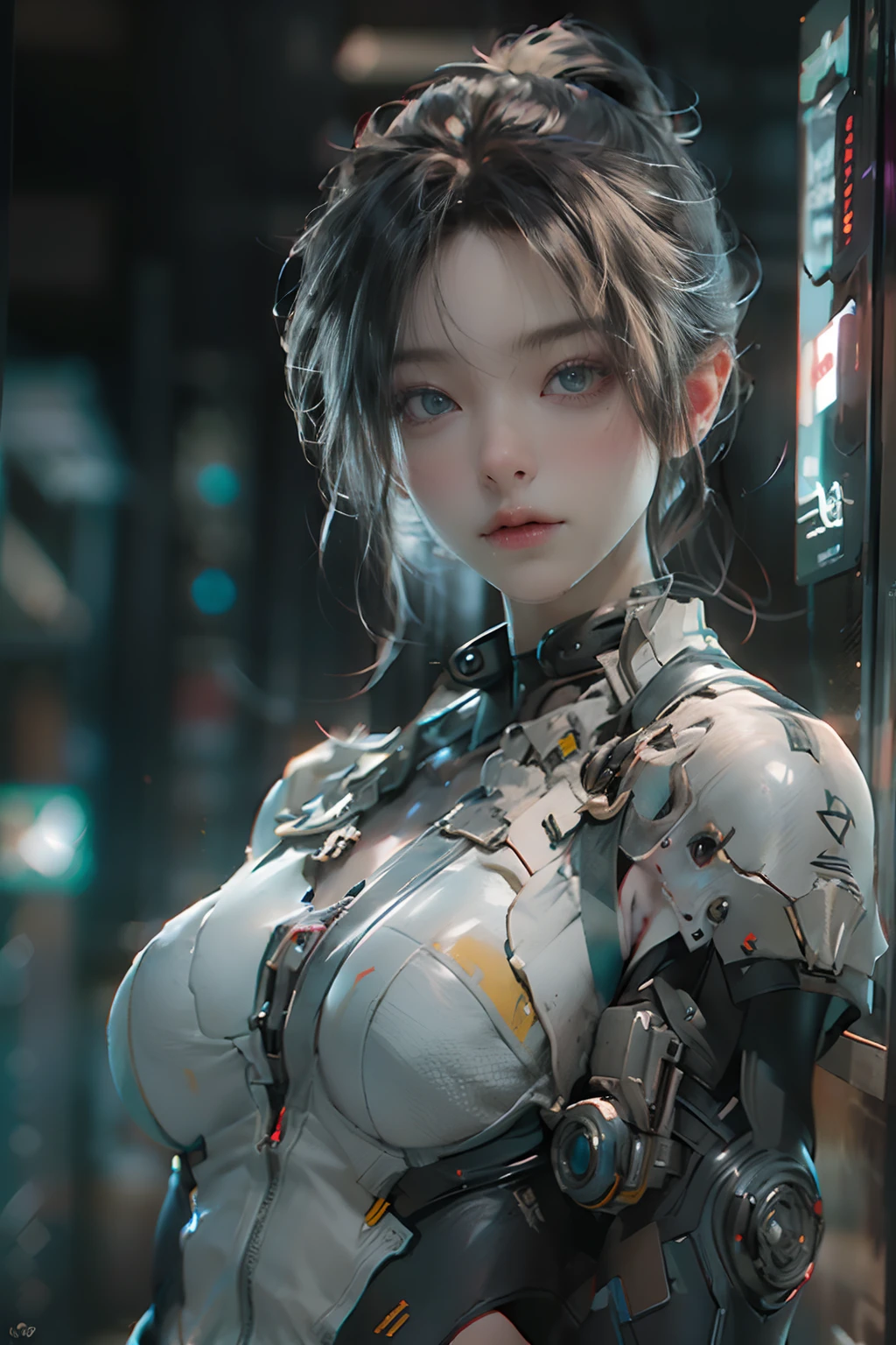 complex 3d render ultra detailed of a porcelain woman cyborg, 1girl, (natural skin texture, realistic eye details:1.2), robotic parts, beautiful soft light, rim light, vibrant details, luxurious cyberpunk, hyperrealistic, anatomical, facial muscles, cable electric wires, microchip, elegant, beautiful background, octane render, APPLE style, 8k, best quality, masterpiece, illustration, extremely delicate and beautiful, CG, unity, wallpaper, (realistic, photo-realistic:1.2), Amazing, finely detail, masterpiece, best quality, official art, extremely detailed CG unity 8k wallpaper, incredibly absurdres, sexy robot, mechanical skeleton, android, surrealism, doomsday wasteland, (high-tech prosthetics:1.2), fluffy black short hair, perfect body, Navy blue glowing cyber vessel