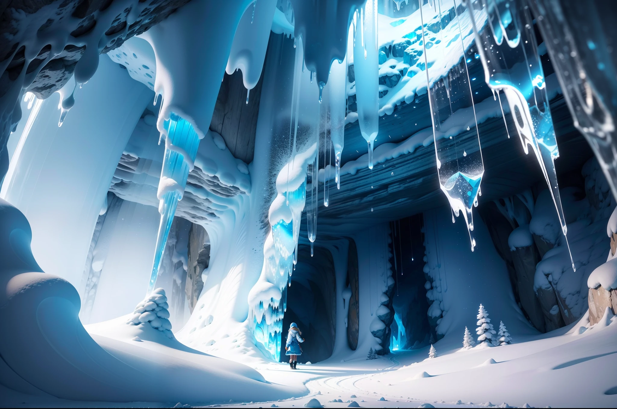 a girl in a cave in a snowy mountain,illustration,crystal-clear icicles,icy stalagmites and stalactites,sparkling snowflakes(best quality,4k,8k,highres,masterpiece:1.2),dimly lit,ethereal,cool blue color palette,faint shafts of light