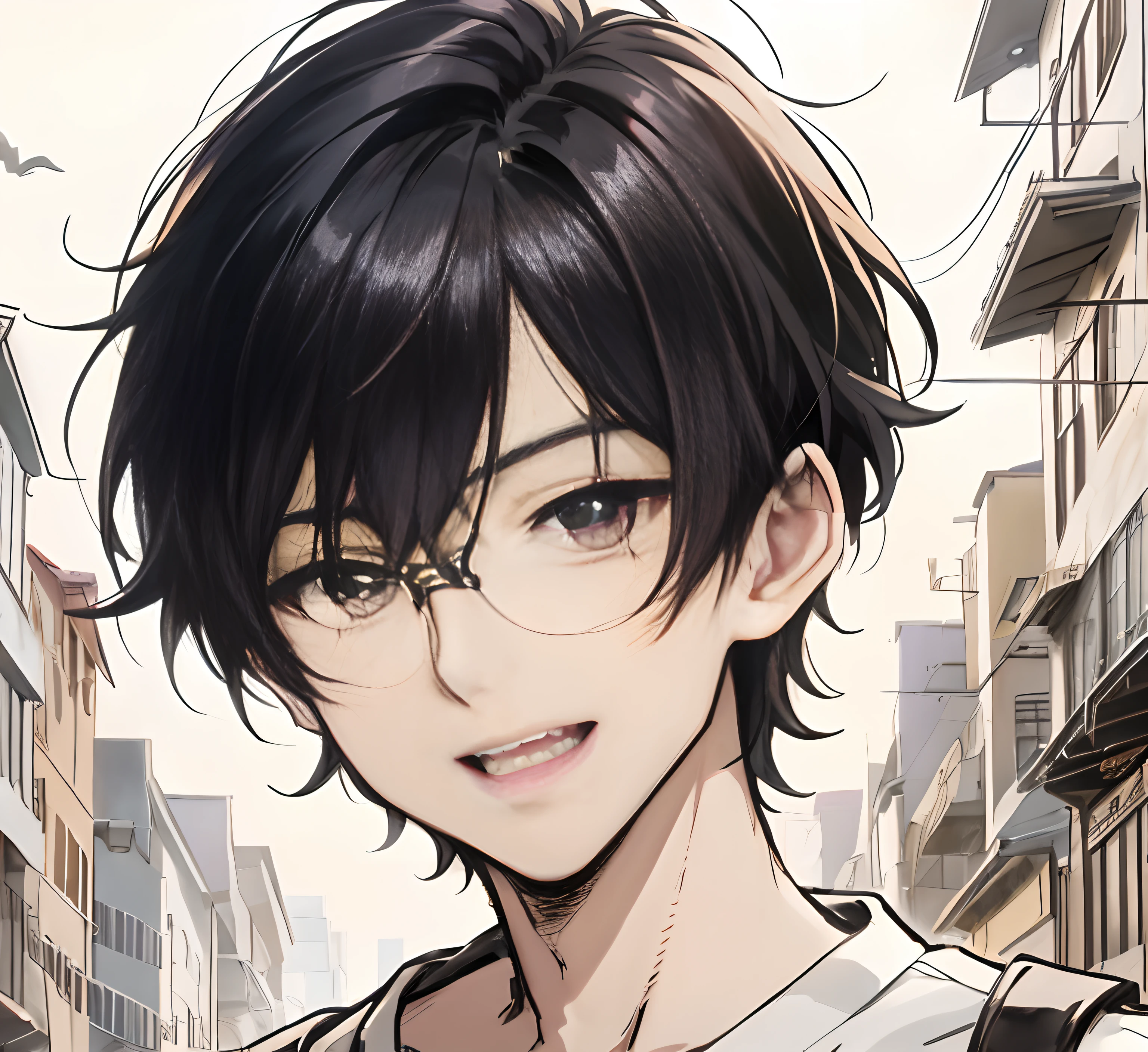 Anime boy with black hair and glasses on city streets, young anime man, Anime style portrait, anime moe art style, Anime boy, Anime portrait of a handsome man, Kawasi, high detailed face anime, portrait of eren yeager, Detailed anime face, Detailed digital anime art, High Quality Anime Art Style, clean and meticulous anime style, Smooth anime CG art