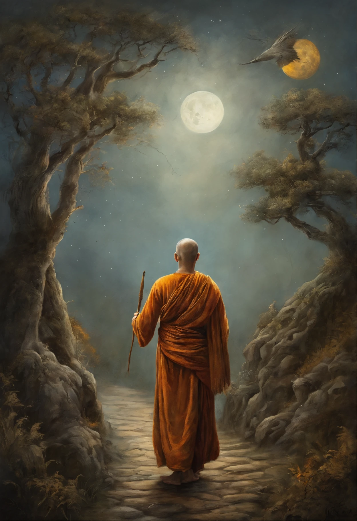 masterpiece, best quality, ultra-detailed, illustration, buddhist monk, solo, fantasy, flying, broom, night sky, outdoors, magic, spells, moon, stars, clouds, wind, cape, broomstick, glowing, mysterious, enchanting, whimsical, playful, adventurous, freedom, wonder, imagination, determination, skill, speed, movement, energy, realism, naturalistic, figurative, representational, beauty, fantasy culture, mythology, fairy tales, folklore, legends, witches, wizards, magical creatures, fantasy worlds, composition, scale, foreground, middle ground, background, perspective, light, color, texture, detail, beauty, wonder.