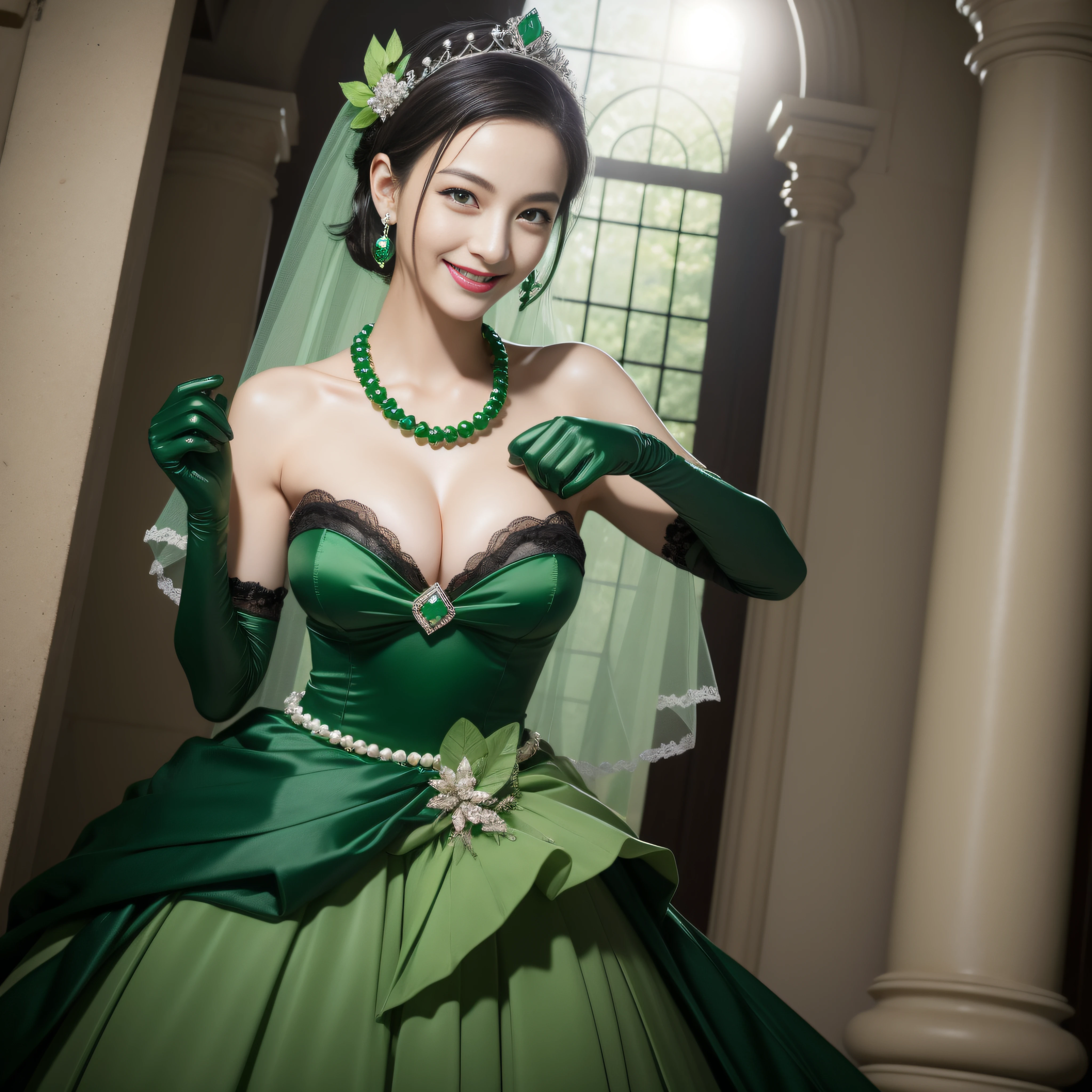 Boyish very short black hair, lipsticks, Japan woman smiling, Green Long Grove, Long green gloves made of satin material, lipsticks, Japan woman smiling, Satin green long gloves, emerald tiara, Green Pearl Necklace, verd s eyes, Green eyes, Long green gloves made of satin material, big breasts beautiful, Green Bridal Veil, Emerald Earrings, Green dress