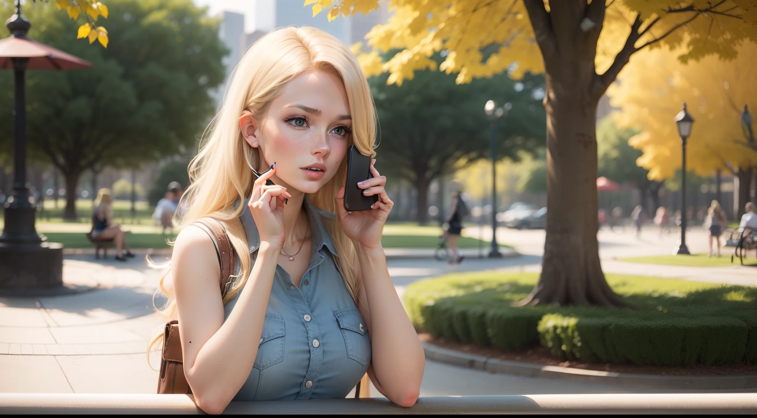 Abigail, a blonde young woman, answers phone, at the park