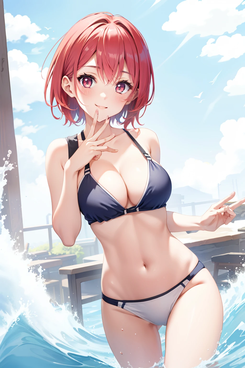 swim wears、hposing Gravure Idol、masutepiece, Best Quality, absurderes, Perfect Anatomy, 1girl in, Solo,Short hair、 cleavage, ssmile, Red hair, White eyes、wave her hand