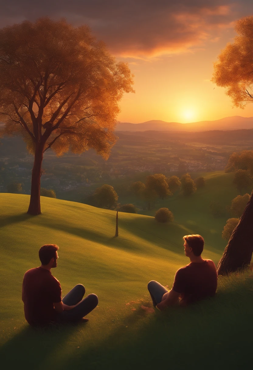 Two friends sitting on the hill chatting, In the background,You can see the town, next to the tree, Sunset, Detailed illustration, Full-HD