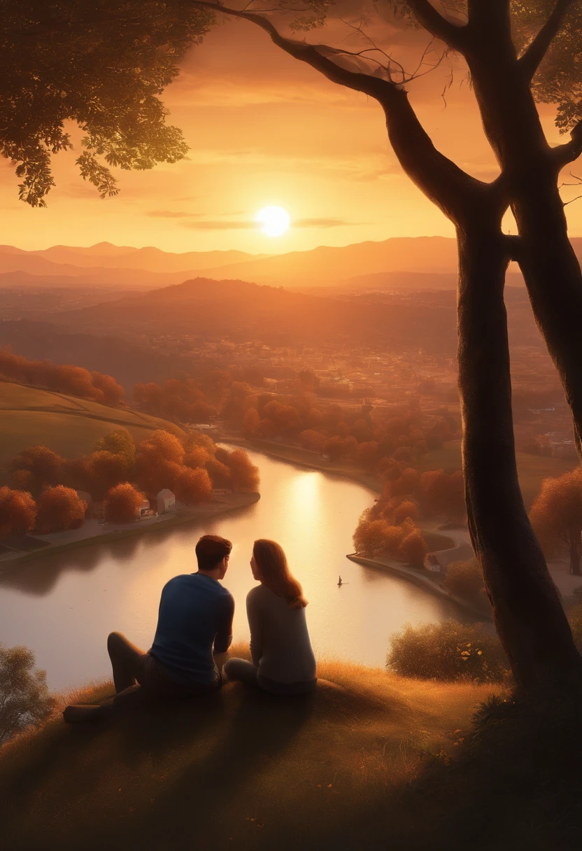 Two friends sitting on the hill chatting, In the background，You can see the town, next to the tree, Sunset, Detailed illustration, Full-HD