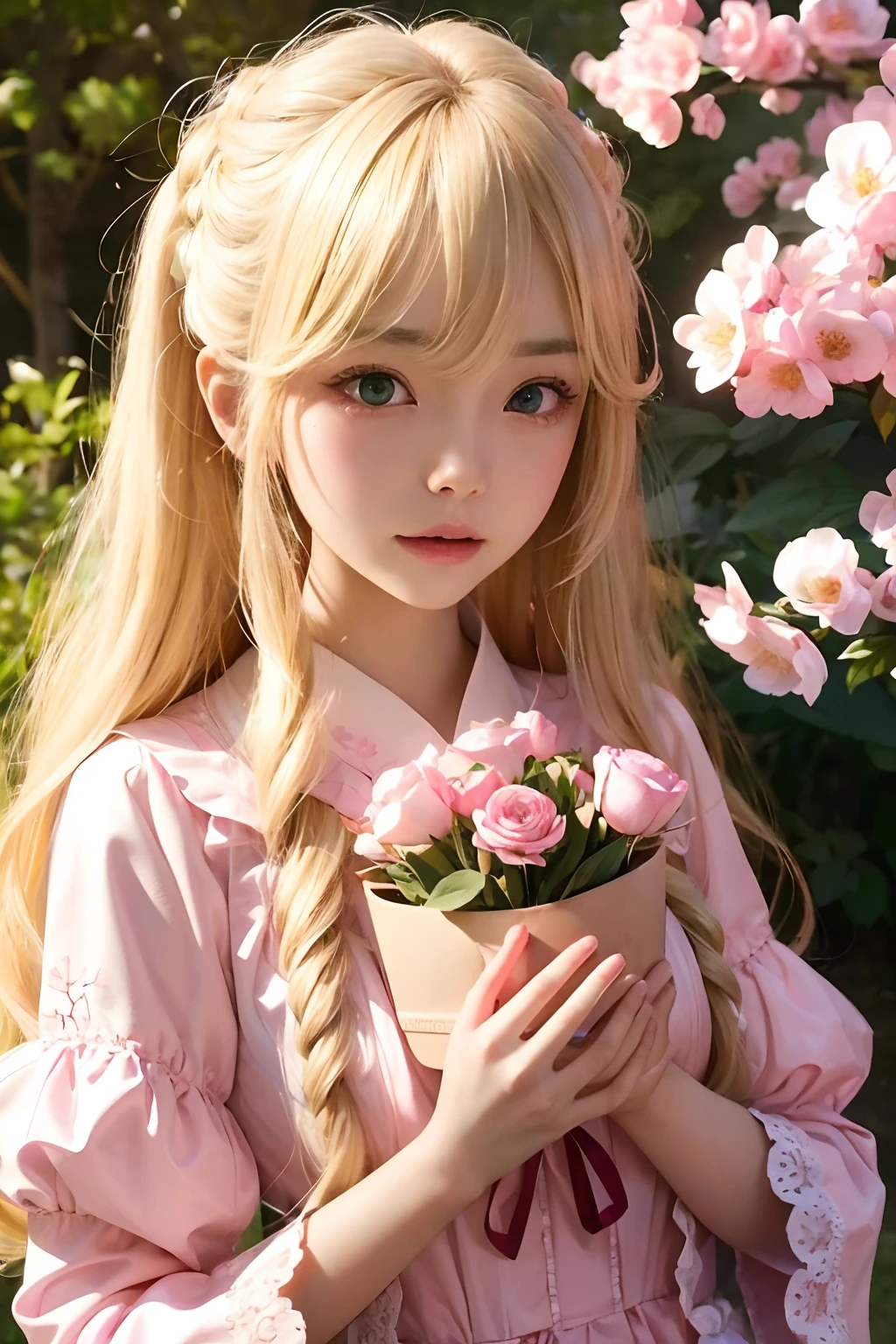 1girll，Wavy blonde hair，long whitr hair，bluntbangs，Green eyes，Pink dress，Fine eyes and detailed face，Extremely detailed Cg Unity 8K wallpaper，intricately details，Break，Kaleidoscopic image、Symmetrical pattern、vivd colour、geometric shapes、flattering design、optical illusions、Dynamic composition break、The art of pantomime、Expressive body language、Silent storytelling、Evocative gestures、Visual storytelling、Theatrical performances break free、flowers in full bloom、Colorful petals、Fragrant smell、Nature's gift，Vibrant garden，peaceful scenery