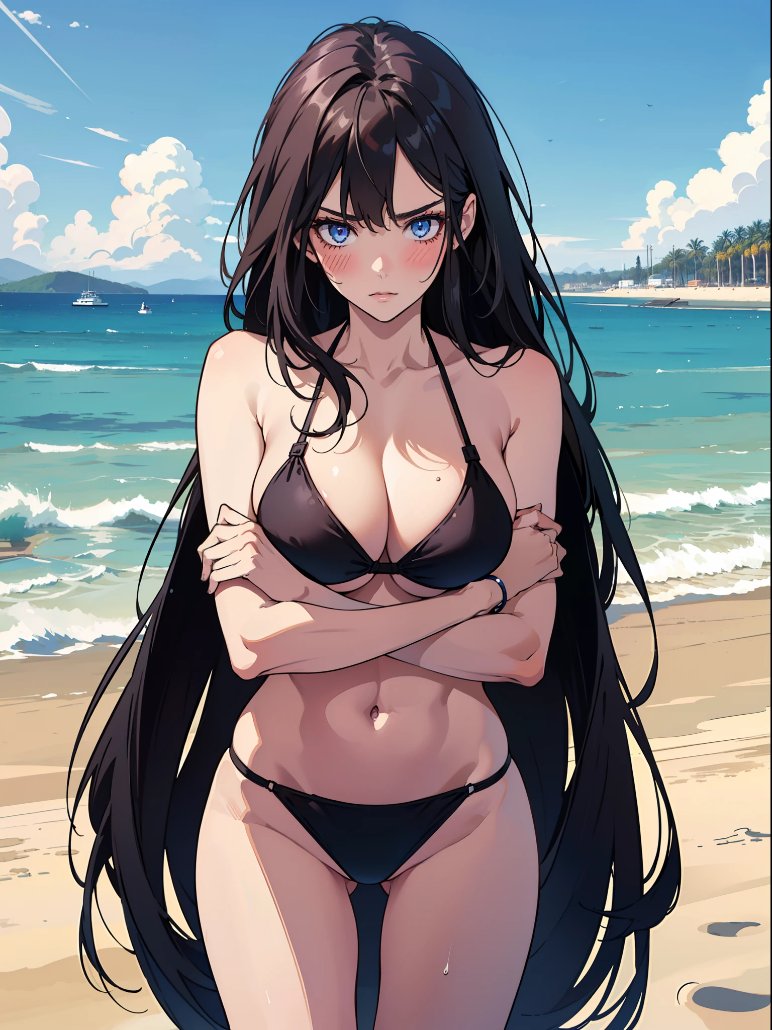 (((one girl))), dark blue eyes, long hair, A beautiful girl is on the beach, 25 years old, masterpiece, highest quality, High contrast, (((black bikini))), big breasts, (high quality :1.5), black hair, (((happy)), blush, Tall body, vulnerable, mature face, outdoors, mature face, ((high resolution)), ((beach, empty beach)), ((portrait view)), ((sexy woman, seductive)), ((arms crossed))