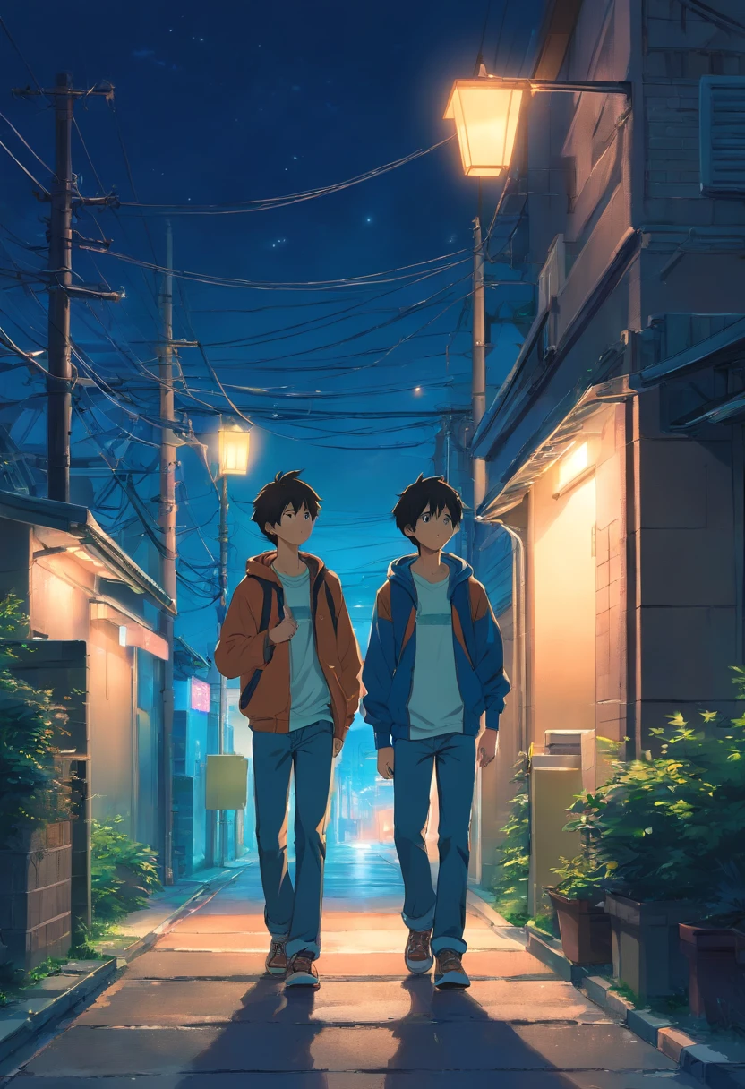 Two teenage boys walking through a dark neighborhood at midnight, talking, well detailed illustration, full HDR