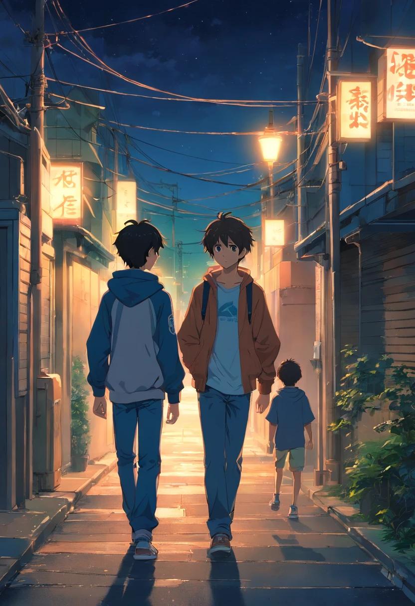 Two teenage boys walking through a dark neighborhood at midnight, talking, well detailed illustration, full HDR