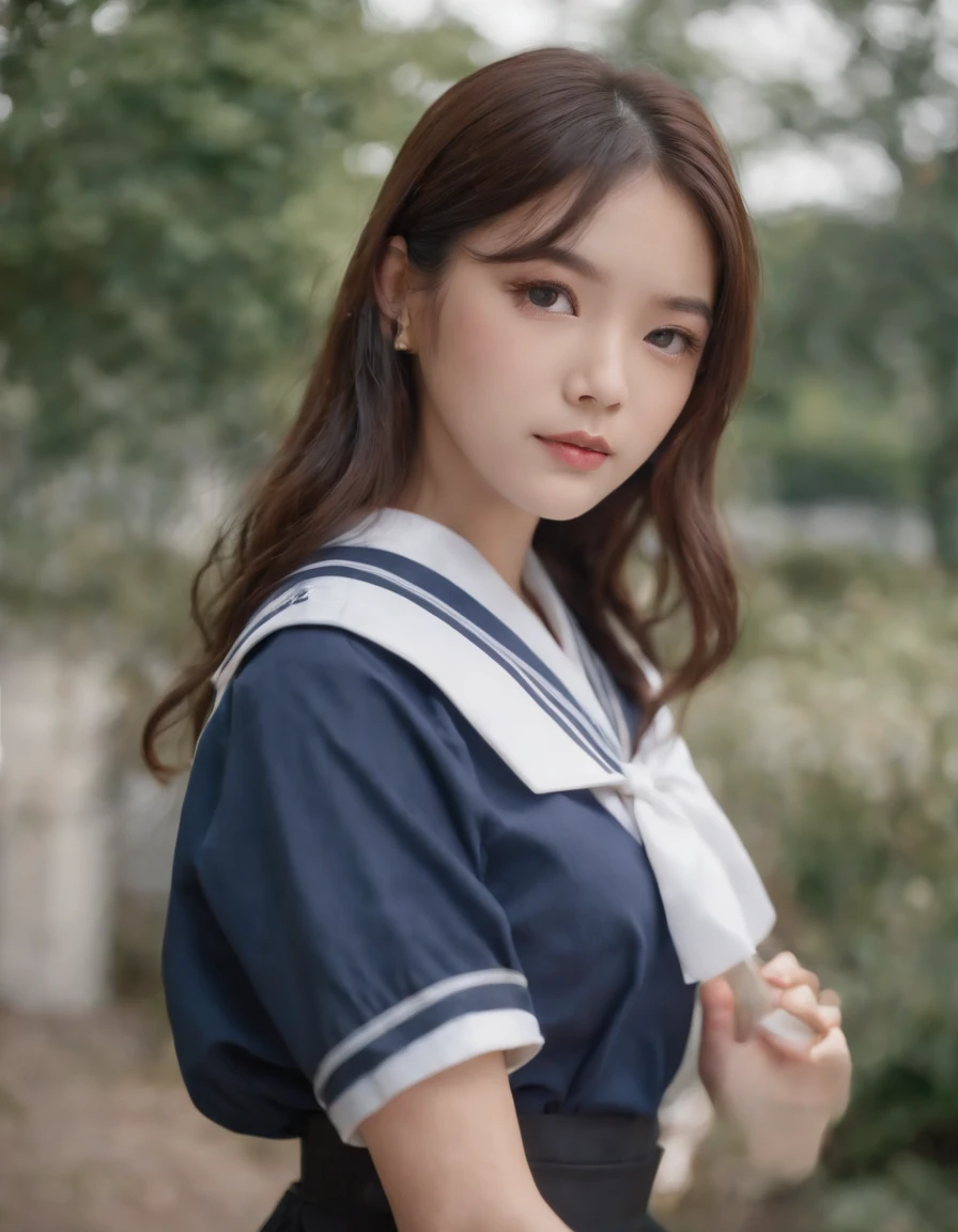 best quality, 1girl, long hair, beautiful eyes, ((japanese school shirt)), a sailor suit、Dark blue pleated skirt,sailor collar, neckerchief, short sleeves, white skirt, ((upper body)), standing, outdoors, school