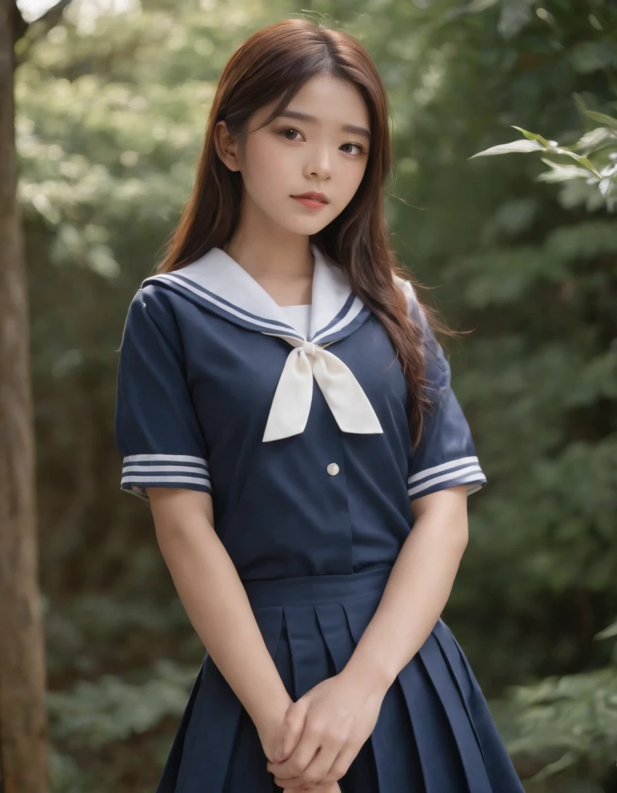 best quality, 1girl, long hair, beautiful eyes, ((japanese school shirt)), a sailor suit、Dark blue pleated skirt,sailor collar, neckerchief, short sleeves, white skirt, ((upper body)), standing, outdoors, school