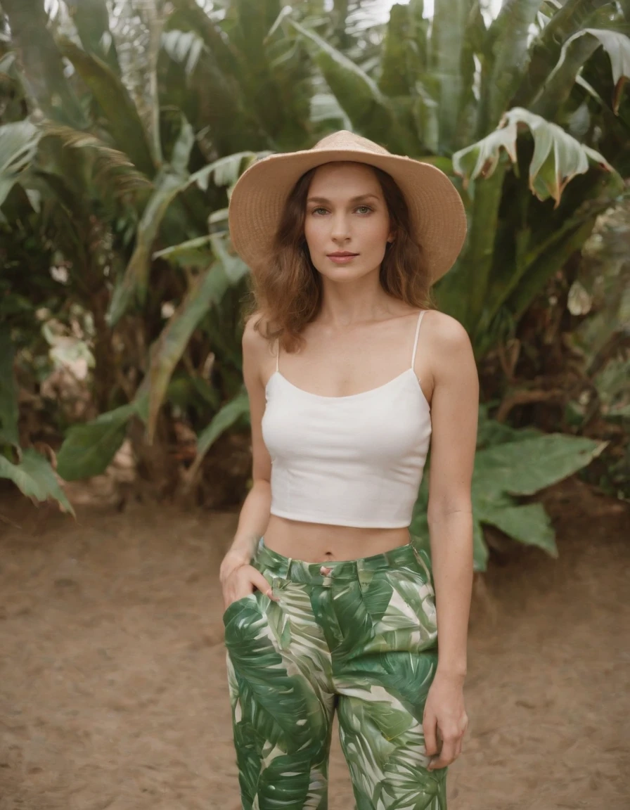 a woman wearing tropical colored pants, a hat, in the style of ilford pan f, made of rubber, punk, kodak vision3 250d 5207, poolcore, danish golden age, reflective  --ar 2:3 --v 5