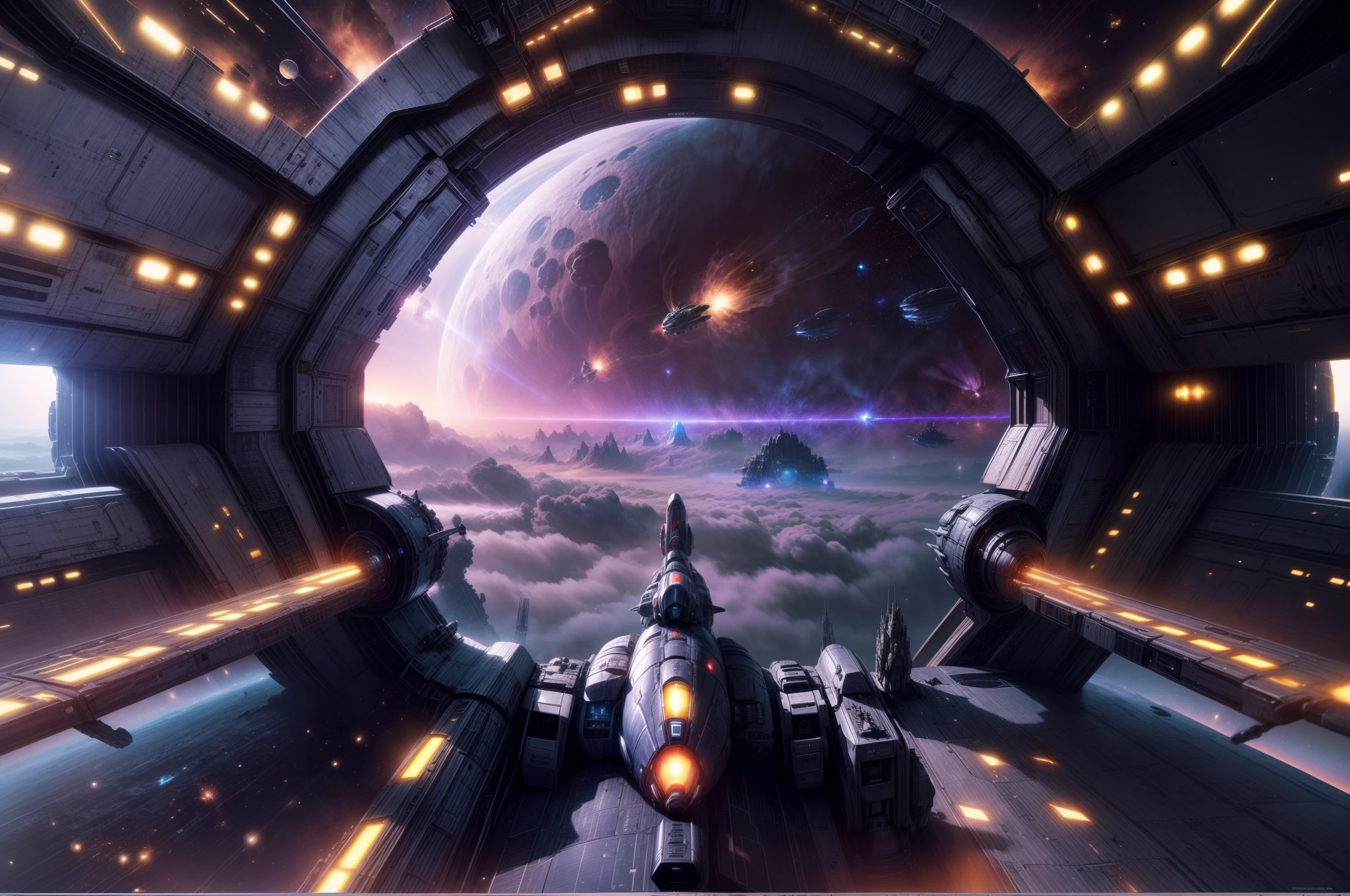 ((tmasterpiece)),(best qualtiy)),Magnificent space image scene,(Sci-fi space battleship:1.5) Vanishing point composition,Spacetime particle beam ring in the sky