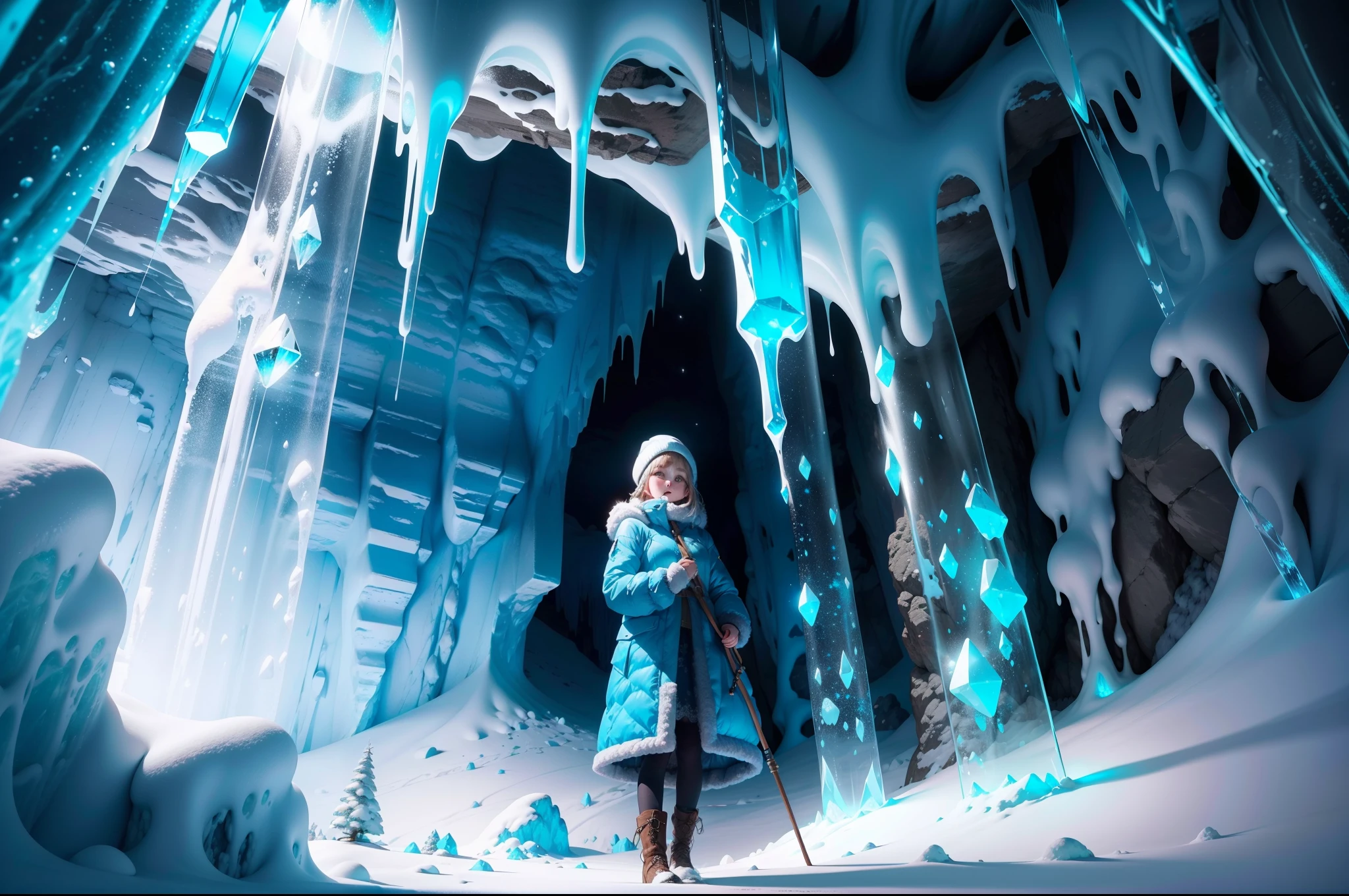 a girl in a cave in a snowy mountain,illustration,crystal-clear icicles,icy stalagmites and stalactites,sparkling snowflakes(best quality,4k,8k,highres,masterpiece:1.2),dimly lit,ethereal,cool blue color palette,faint shafts of light