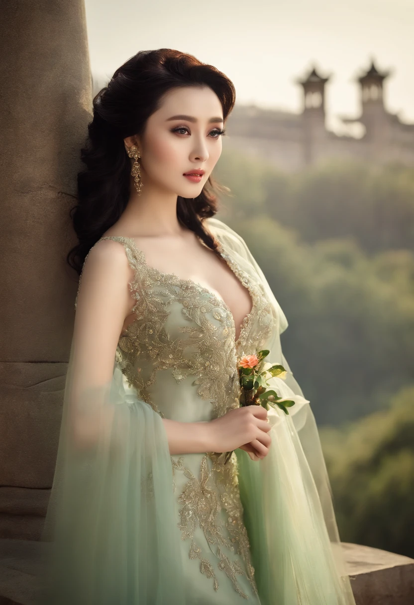 Masterpiece, Best quality, (Photorealistic:1.4), full bodyesbian, (dress:1.1)（evening formal robes：1.1）（Skirt 1 knee length.1）（Wisps 1.1）（Embroidered seedling edge Q1.1）（Soft silk，Shiny） view over city, Cinematic light, Beautiful woman, ((From any direction)),Fan Bingbing's face， sport, Large breasts, Thighs exposed，Elegant temperament，Beautiful gesture，Black hair,Chinese face， rim, Detailed face,