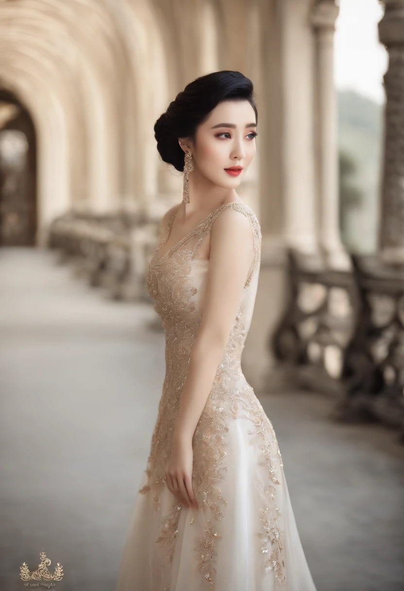 Masterpiece, Best quality, (Photorealistic:1.4), full bodyesbian, (dress:1.1)(evening formal robes:1.1)(Skirt 1 knee length.1)(Wisps 1.1)(Embroidered seedling edge Q1.1)(Soft silk,Shiny) view over city, Cinematic light, Beautiful woman, ((From any direction)),Fan Bingbing's face, sport, Large breasts, Thighs exposed,Elegant temperament,Beautiful gesture,Black hair,Chinese face, rim, Detailed face,