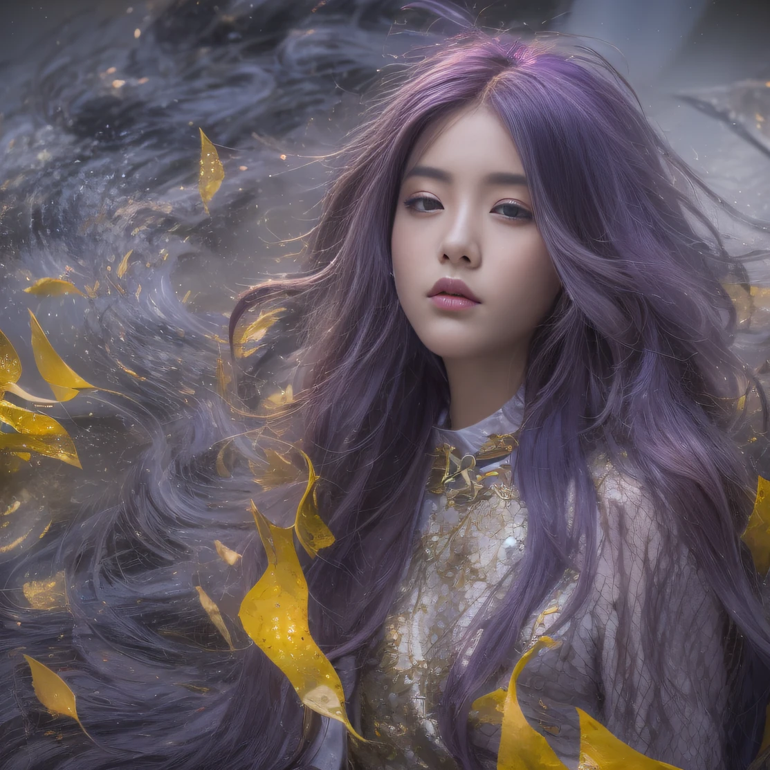 Agate glass texture 32K（tmasterpiece，k hd，hyper HD，32K）Long flowing bright purple hair，Autumn Pond，zydink， a color， Asian people （Kizi）， （Red scarf）， Combat posture， looking at the ground， long whitr hair， Floating bright purple， Fire cloud pattern gold tiara， Chinese long-sleeved gold silk garment， （abstract ink splash：1.2）， white backgrounid，Lotus protector（realisticlying：1.4），Bright purple hair，Smoke on the road，The background is pure， A high resolution， the detail， RAW photogr， Sharp Re， Nikon D850 Film Stock Photo by Jefferies Lee 4 Kodak Portra 400 Camera F1.6 shots, Rich colors, ultra-realistic vivid textures, Dramatic lighting, Unreal Engine Art Station Trend, cinestir 800，Long flowing bright purple hair