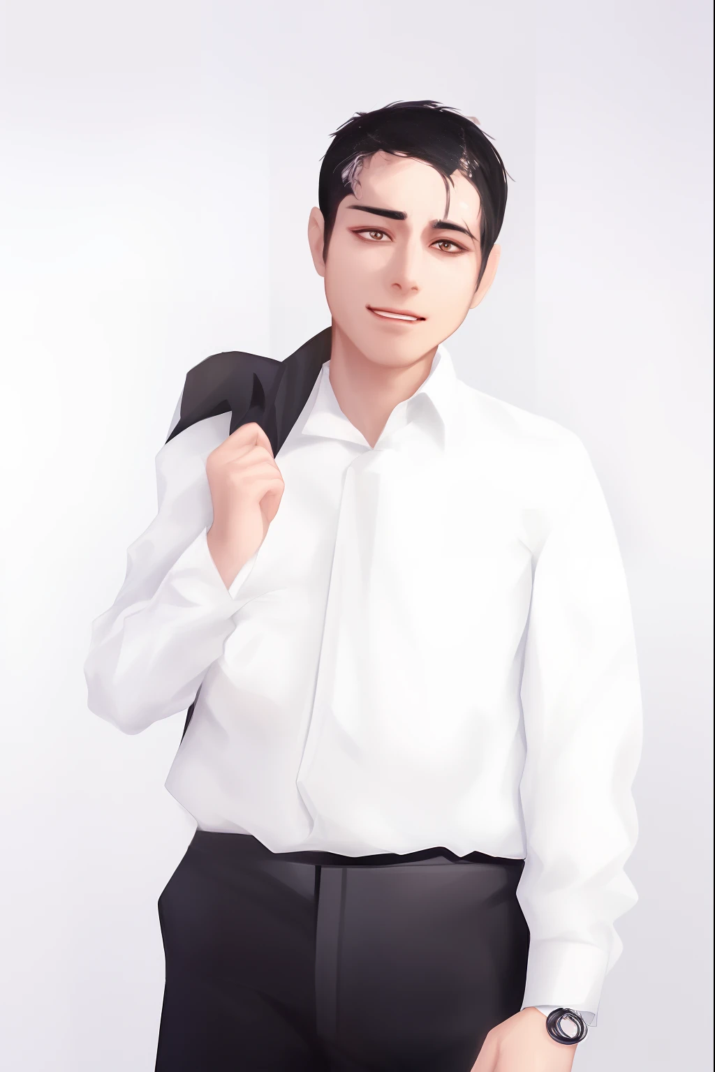arafed man in a white shirt and black pants holding a black tie, wearing white shirt, wearing in shirt, wearing a white shirt, wearing a shirt with a tie, asian male, wearing business suit, wearing a white button up shirt, wearing a black shirt, studio portrait photo, well lit professional photo, wearing a business suit, with a white background