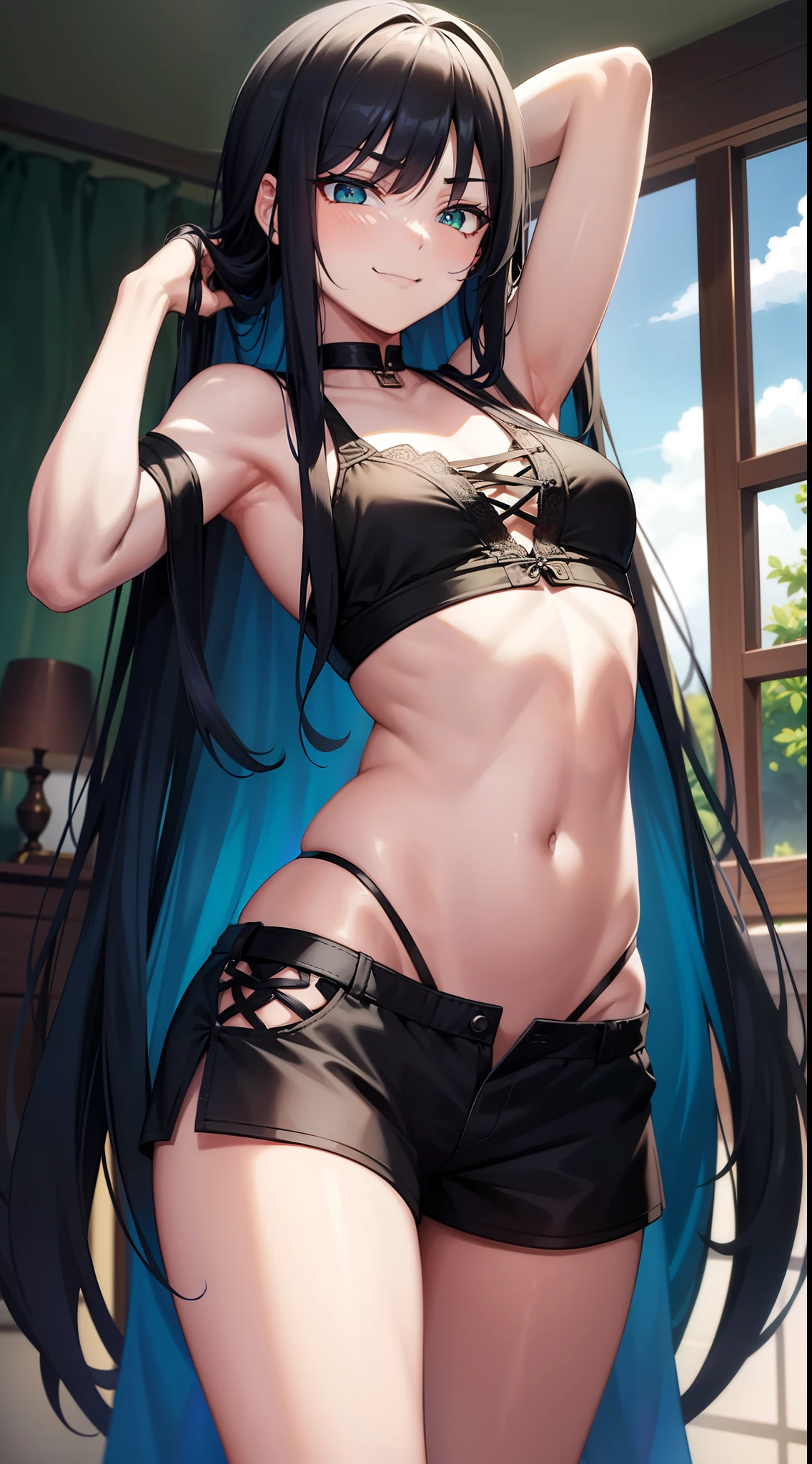 young boy, Long black hair with blue hair tips, Green eyes, Thick openwork top, Shorts, open belly, smirk, hands behind head, Masterpiece, hiquality, high detail, HD, 4k