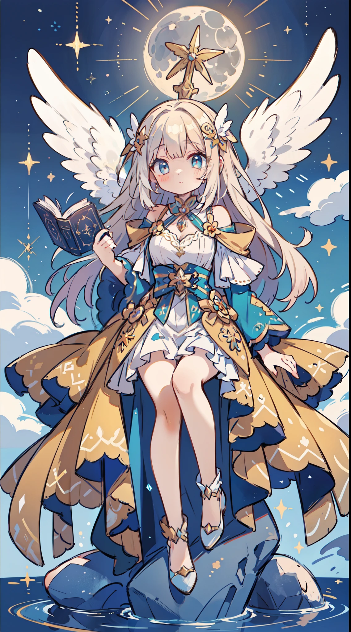 Angels with beautiful and delicate decorations on their wings、Sitting in a stone palace built in a sea of clouds. She has a beautiful face and brightly colored shining eyes. He wears intricate and delicate ornaments. Mysterious heavenly palace illuminated by moonlight. Detailed drawings. 2Book legs. Vivid colors. High image quality.
