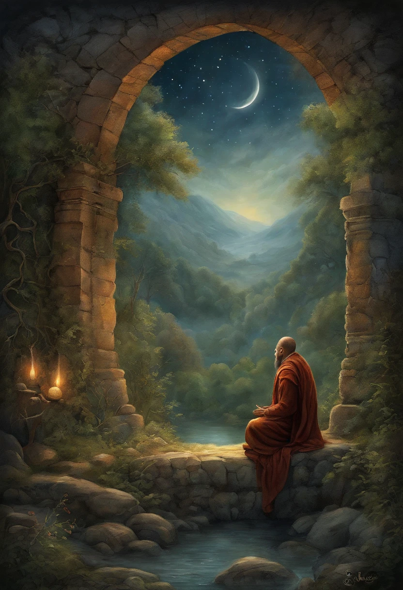 masterpiece, best quality, ultra-detailed, illustration, buddhist monk praying, solo, fantasy, flying, broom, night sky, outdoors, magic, spells, moon, stars, clouds, wind, cape, broomstick, glowing, mysterious, enchanting, whimsical, playful, adventurous, freedom, wonder, imagination, determination, skill, speed, movement, energy, realism, naturalistic, figurative, representational, beauty, fantasy culture, mythology, fairy tales, folklore, legends, witches, wizards, magical creatures, fantasy worlds, composition, scale, foreground, middle ground, background, perspective, light, color, texture, detail, beauty, wonder.