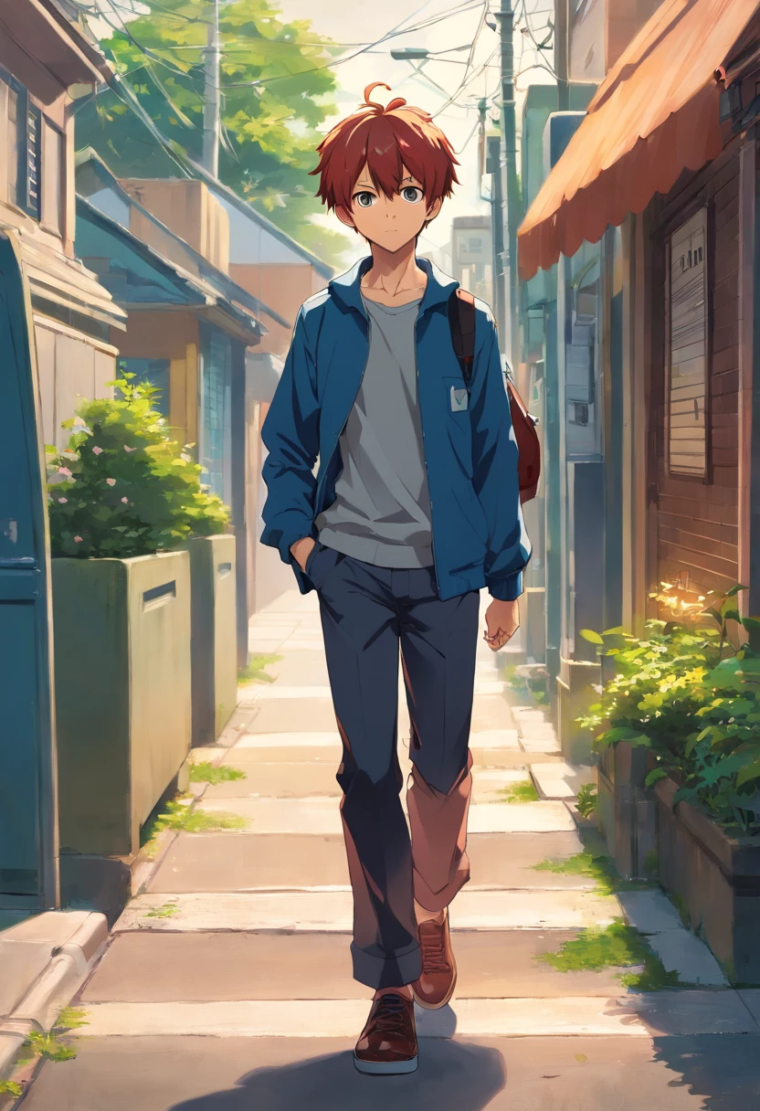 Yuta Okkotsu from the anime Jujutsu Kaisen, wearing a schoolboy outfit, walking through a neighborhood