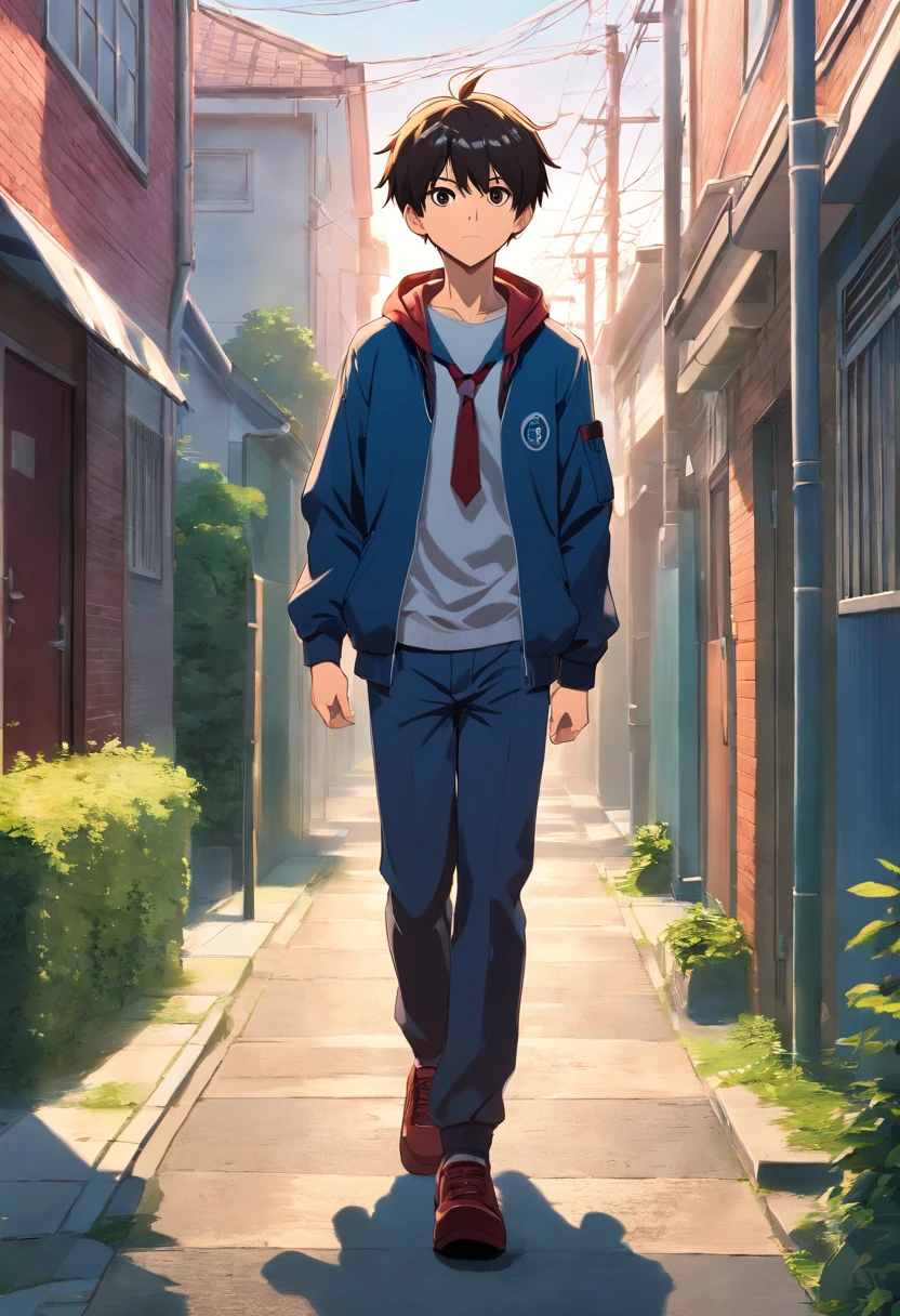 Yuta Okkotsu from the anime Jujutsu Kaisen, wearing a schoolboy outfit, walking through a neighborhood