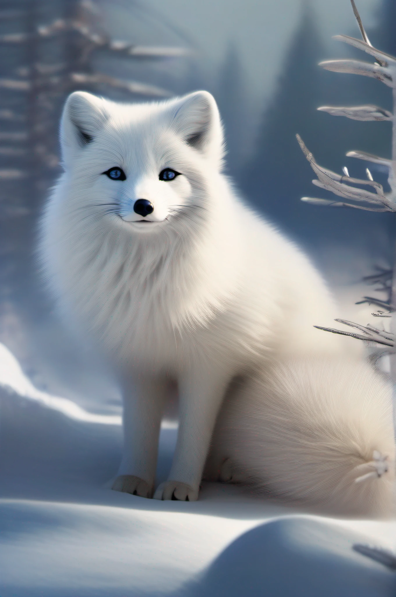 T"arctic fox,white fluffy fur,sharp ears,curious eyes,cute and agile," +
"snow-covered mountain peaks,steep slopes,glistening snowflakes," +
"(best quality,highres:1.2),ultra-detailed,realistic," +
"soft color palette,cool blues and whites," +
"natural sunlight casting long shadows"