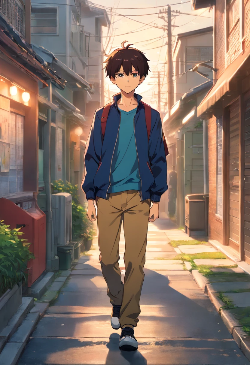Yuta Okkotsu from the anime Jujutsu Kaisen, wearing a schoolboy outfit, walking through a neighborhood