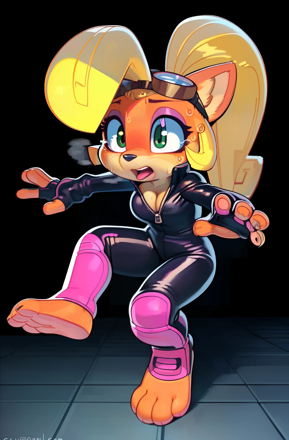 [glamrockchica], [FNAF: Security Breach], [Uploaded to e621.net; (Pixelsketcher), (wamudraws)], ((masterpiece)), ((HD)), ((highres)), ((solo portrait)), ((front view)), ((feet visible)), ((furry; anthro chicken girl)), ((detailed feathers)), ((detailed shading)), ((beautiful render art)), {anthro chicken; white feathers, (white feather tail), (orange talon feet), (yellow beak), purple eyes, black pupils, (half-closed eyes), (long eyelashes), (small boobs), (beautiful legs), (beautiful feet), (smug smirk), (mouth open)}, {(pink tank top), (navel), (purple shorts), (cleavage), (green fingerless gloves), (green latex tiger-striped bracers), (green legwear), (tied-up hair with pink bow), (green triangle earrings)}, {(on bed), (crossed legs), (looking at viewer)}, [background; (bedroom), (messy room), (tv), (bright neon lights), (ambient lighting)]