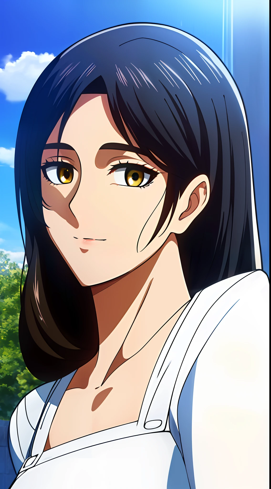 Carla Yeager innocent happy look,(day:1.7), a city with a lot of buildings and a sky background with clouds in the background and a blue sky, architecture,
Standing at attention, at the roof,
Yellow Shirt,collarbone, long sleeves,White apron,
black Hair, brown eyes, Bangs, single braid,
1 girl, 20yo,Young female,Beautiful Finger,Beautiful long legs,Beautiful body,Beautiful Nose,Beautiful character design, perfect eyes, perfect face,expressive eyes,
looking at viewer, in the center of the image,(Upper_body),(close-Up),(Focus on her face),
official art,extremely detailed CG unity 8k wallpaper, perfect lighting,Colorful, Bright_Front_face_Lighting,shiny skin,
(masterpiece:1.0),(best_quality:1.0), ultra high res,4K,ultra-detailed,
photography, 8K, HDR, highres, absurdres:1.2, Kodak portra 400, film grain, blurry background, bokeh:1.2, lens flare, (vibrant_color:1.2)
(Beautiful,large_Breasts:1.4), (beautiful_face:1.5),(narrow_waist),