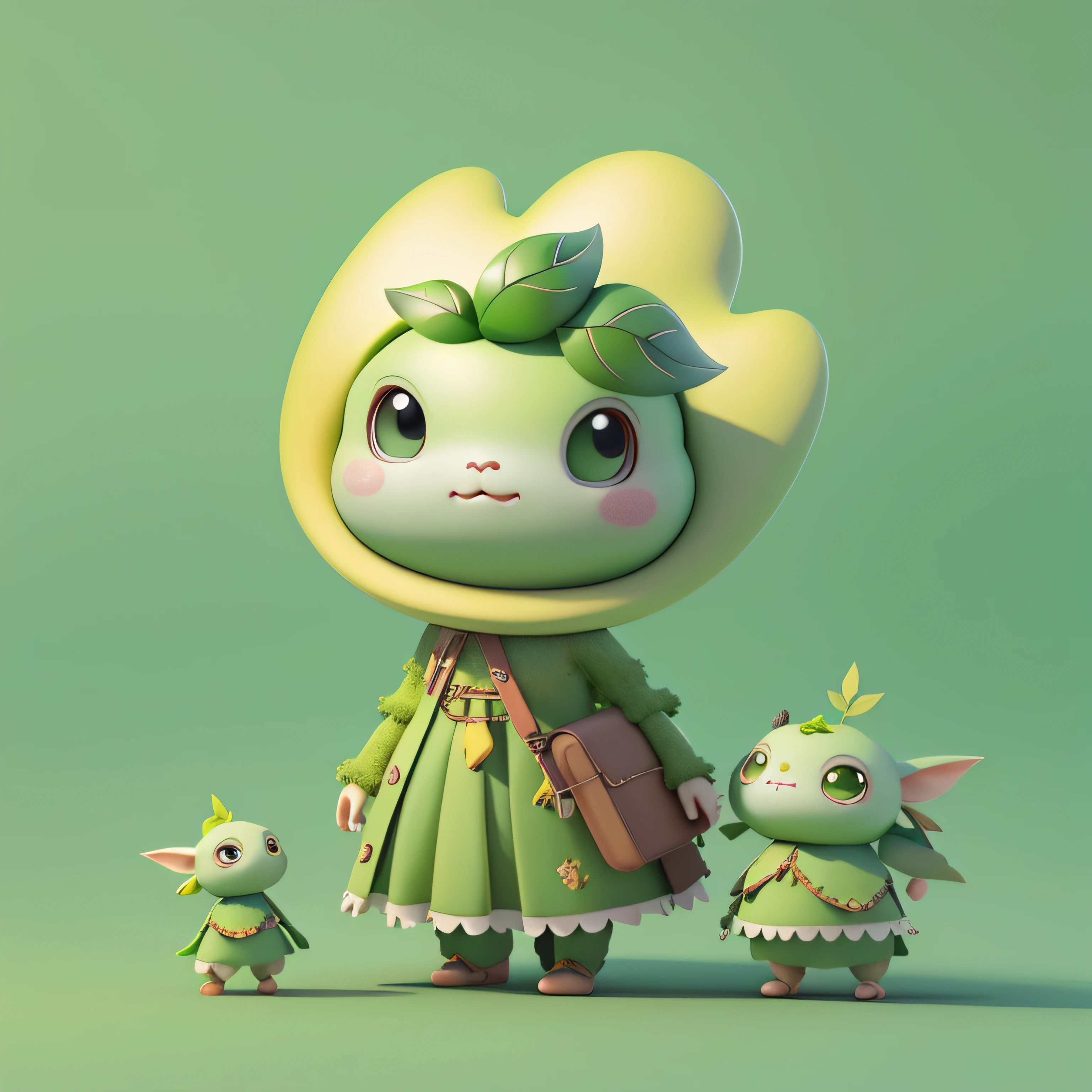 Green 3D character,There are three leaves on the head, Elven characters dressed in green, Cute 3d render, Cute 3D, by Pixar, Anime sprite character rendering, cute forest creature, Cute elf characters, full body mascot, Its name is the Book of Bella, full body clothing, fluffy green belly, Wearing a laurel wreath, Its name is the Book of Bella, plant monster, Lovely 3D image, and lovely detailed digital art, Explorer mini cute character, 3D rendering programming, 3D rendered character art, 8K, Cute digital painting, Anime style, Super detailed rendering, Clean background