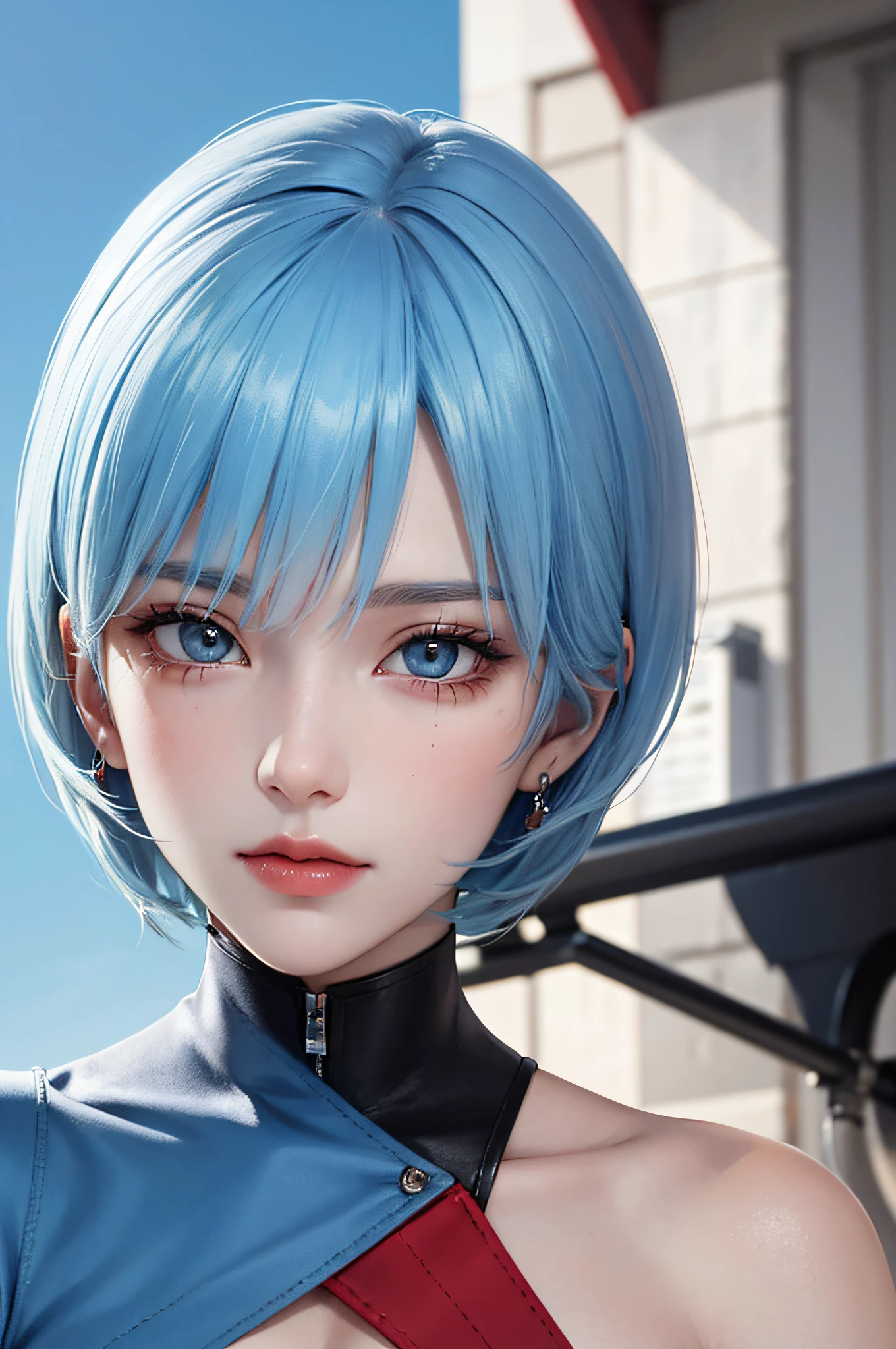tmasterpiece,best qualtiy,8k,detailed skin textures,Detailed cloth texture,beautifull detailed face,Complicated details,the ultra-detailed,Portrait of Rei Ayanami,blue hairs,red color eyes,pixie cut,Cyan sky background