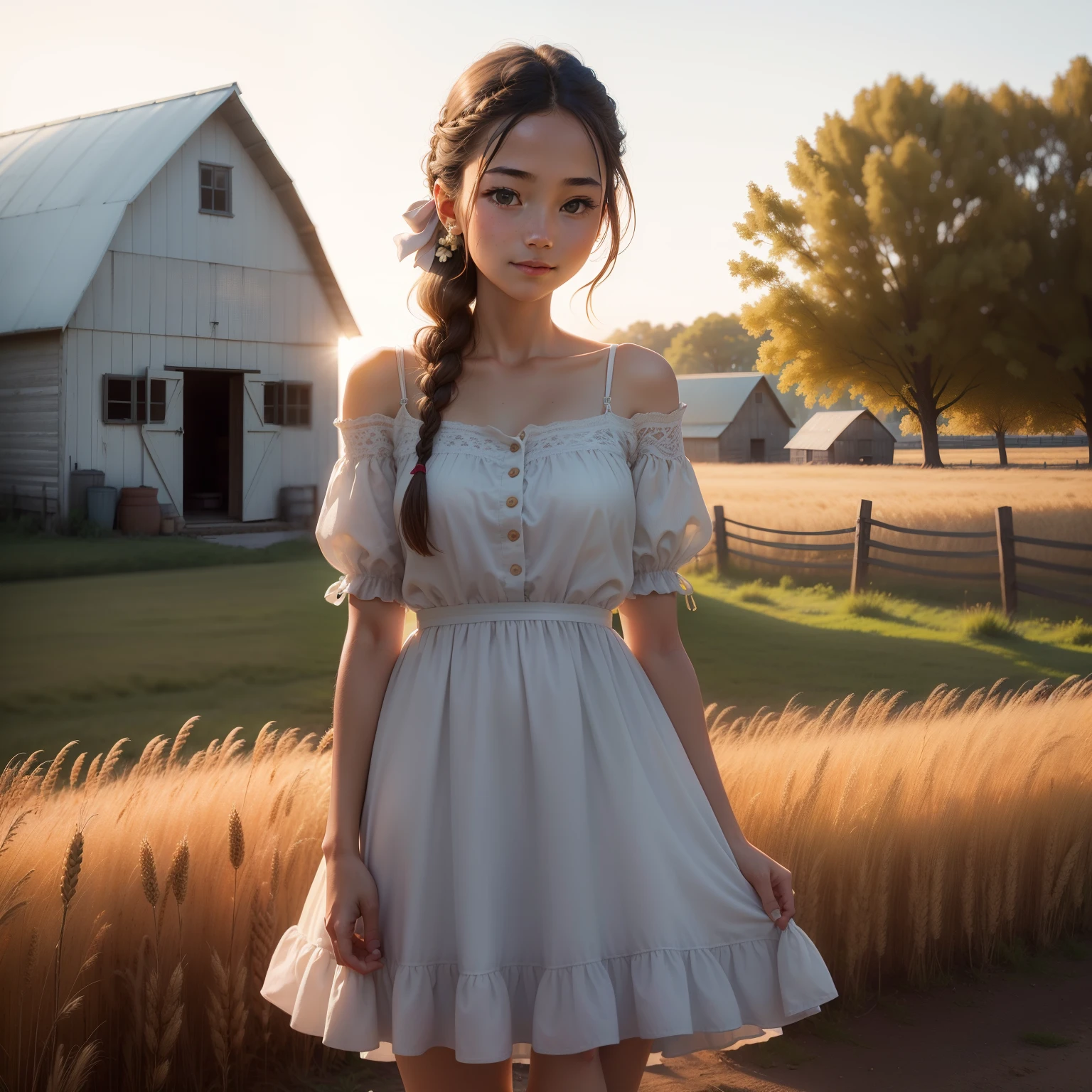 1girl in, 20 years old, Tall and attractive, Wearing a cute country dress, Hair braiding, Standing on a rustic farm. She has a soft, gentle smile and expressive eyes. In the background is a charming barn, Golden wheat fields and clear blue sky. The composition should be soaked in the light of warm golden hours, Accentuates idyllic tranquility with soft depth of field and soft bokeh. Capture images as if they were shot on vintage 35mm film、