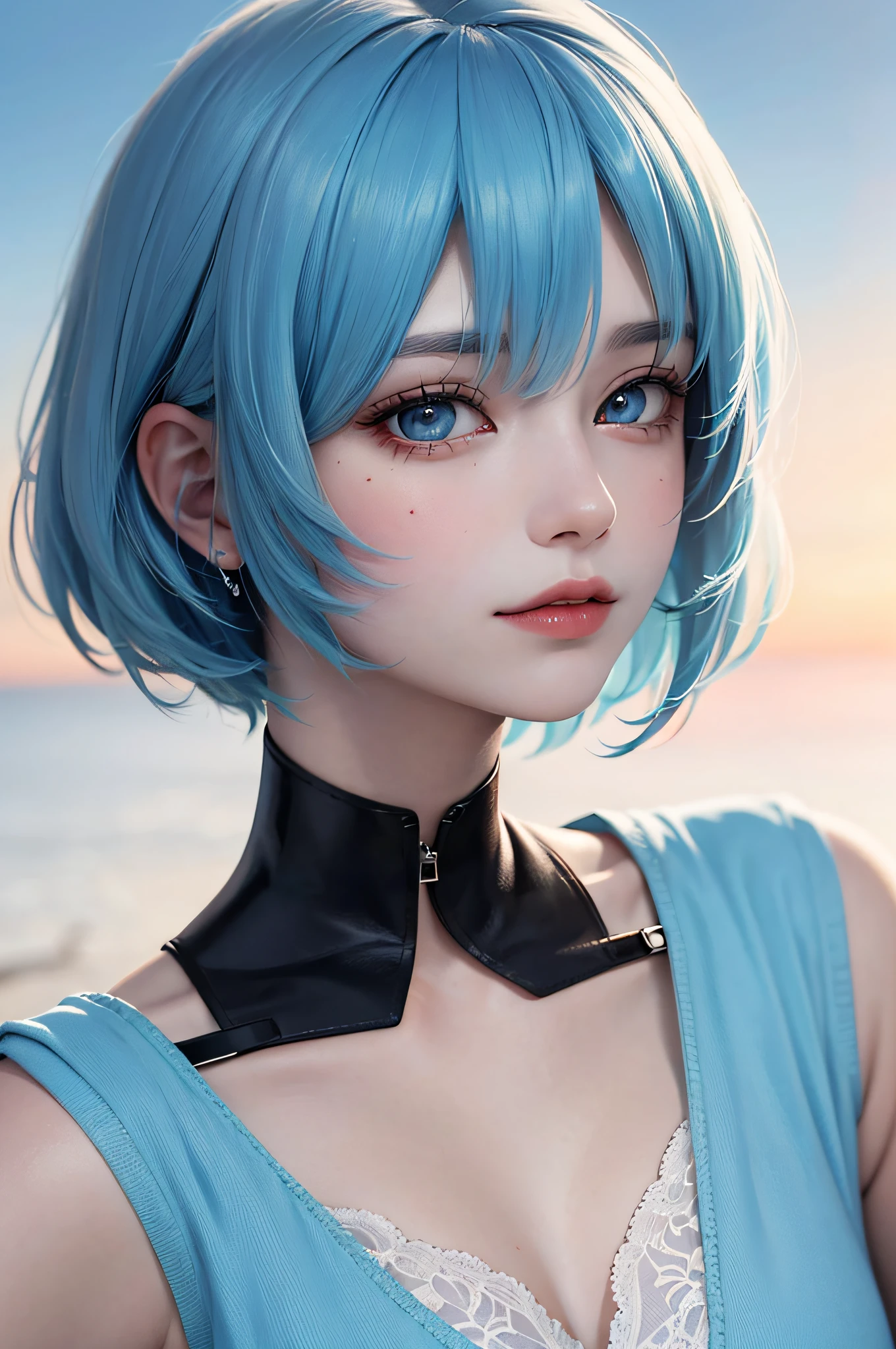 tmasterpiece，best qualtiy，8k，detailed skin textures，Detailed cloth texture，beautifull detailed face，Complicated details，the ultra-detailed，Portrait of Rei Ayanami，blue hairs，red color eyes，pixie cut，Cyan sky background