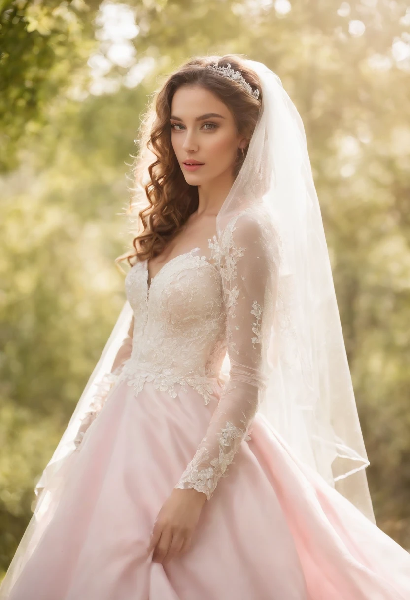 (Full body photograph of 1 girl  curly hair wedding dress with large transparent veil and pink dress + suave e delicado +)+(Vestido longo em cores brilhantes, Luz brilhante, Cabelo loiro longo e liso + Olhos brilhantes e acolhedores)+(pink petals + Brisa suave + with blue sky and white clouds + Bosques verdes e floridos), medium shot, high quality photo.