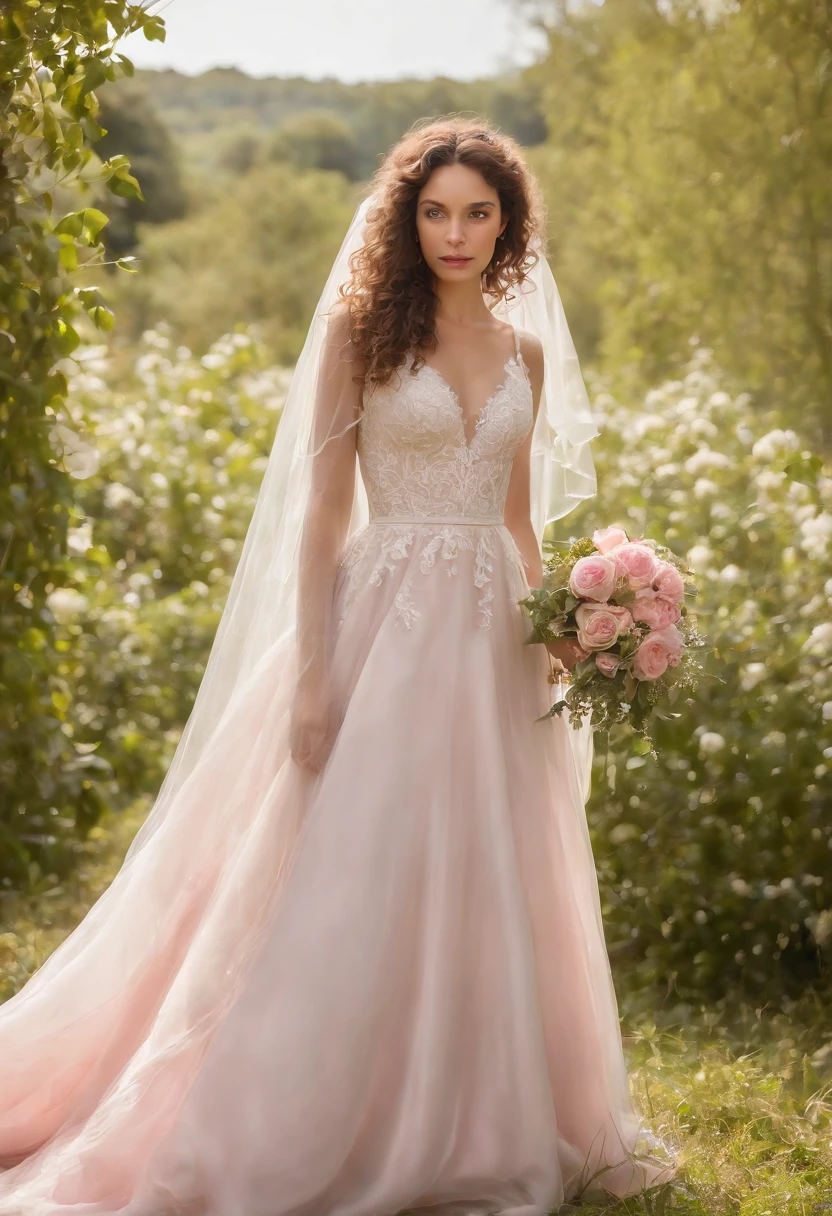 (Full body photograph of 1 girl curly hair wedding dress with large transparent veil and pink dress + suave e delicado +)+(Vestido longo em cores brilhantes, Luz brilhante, Cabelo loiro longo e liso + Olhos brilhantes e acolhedores)+(pink petals + Brisa suave + with blue sky and white clouds + Bosques verdes e floridos), medium shot, high quality photo.